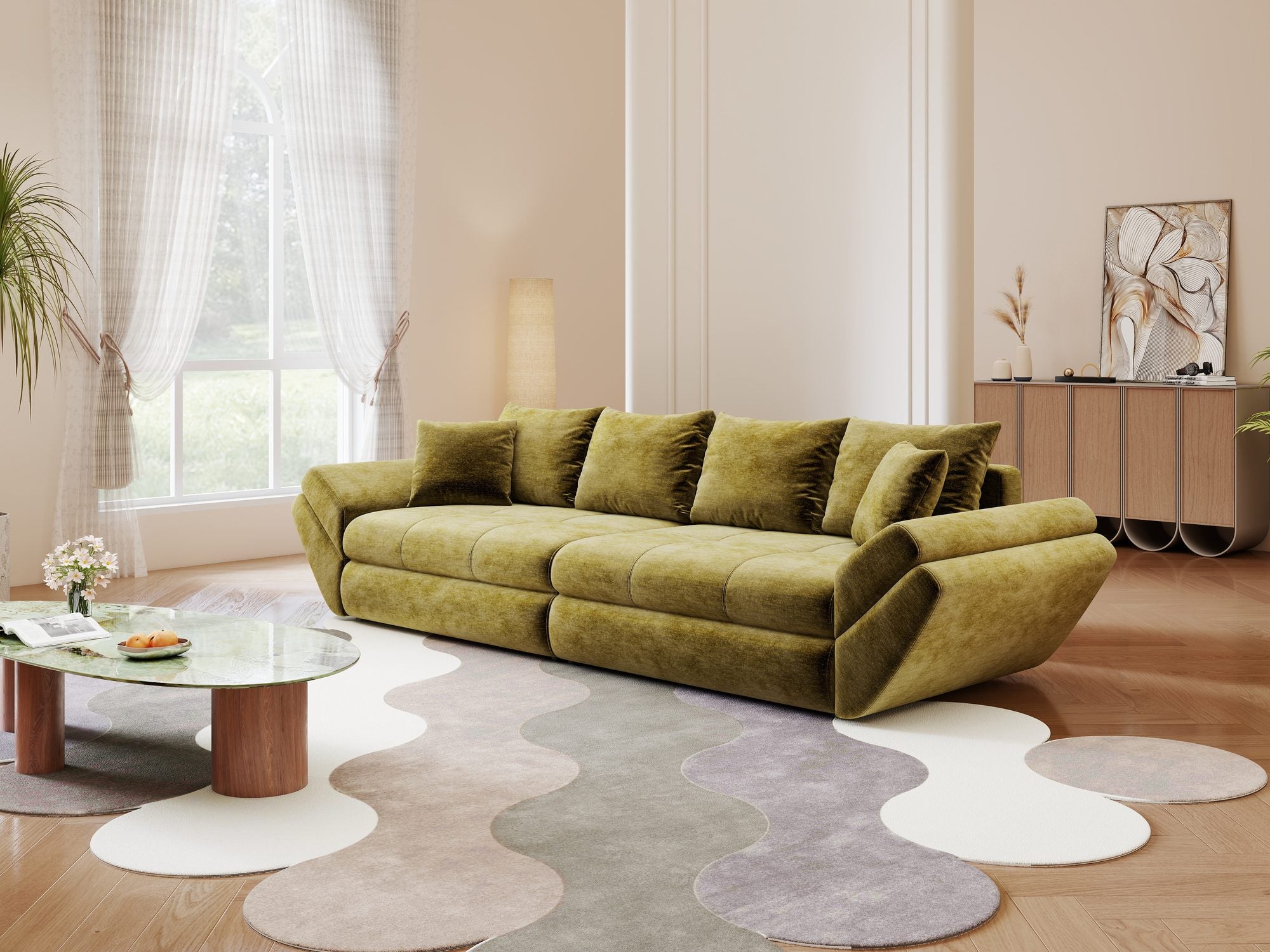 Canapea extensibilă dumonde cu ladă de depozitare Loana Monolith Verde olive 300x100 cm