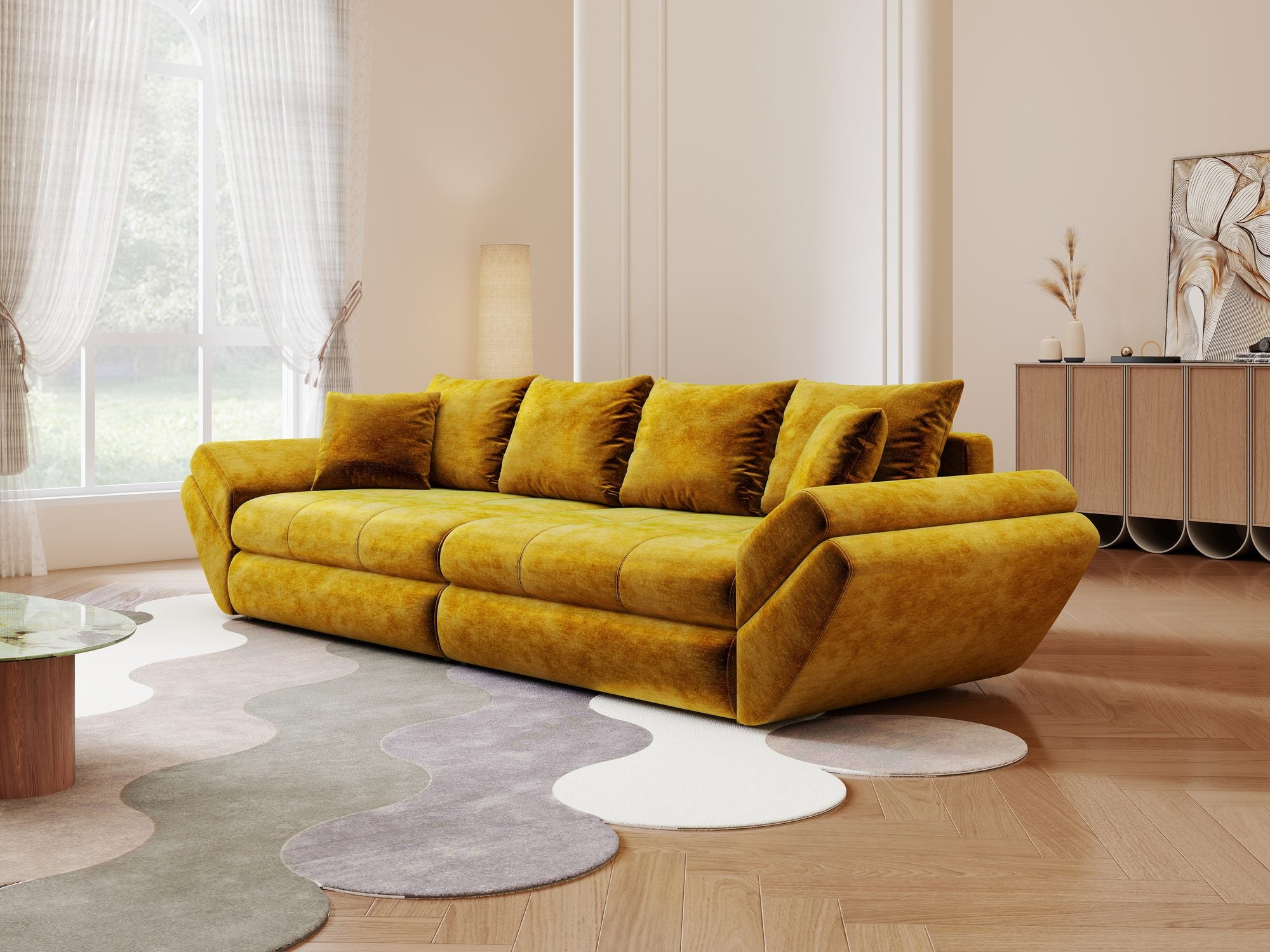 Canapea extensibilă dumonde cu ladă de depozitare Loana Monolith Mustar 300x100 cm