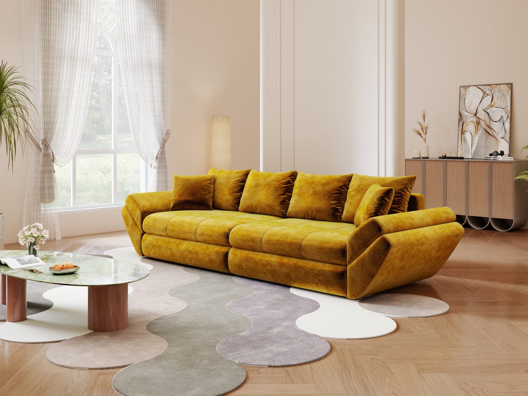 Canapea extensibilă dumonde cu ladă de depozitare Loana Monolith Mustar 300x100 cm
