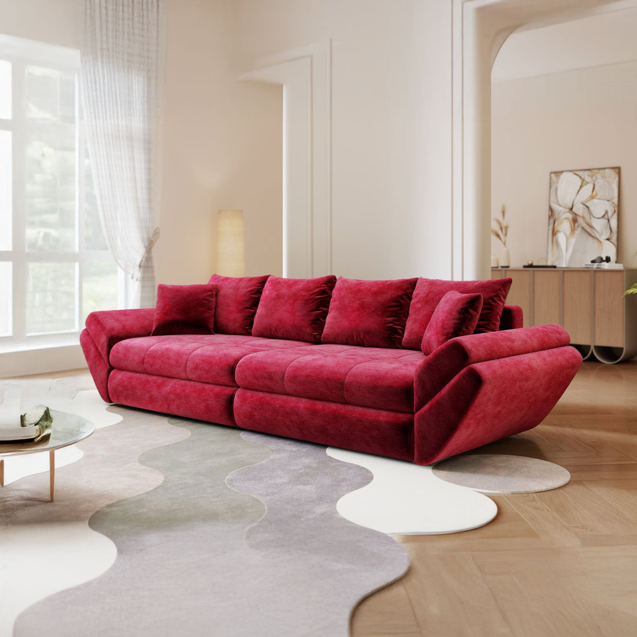 Canapea extensibilă dumonde cu ladă de depozitare si sezut confortabil din spuma high-density, Loana Monolith Rosu 300x100 cm