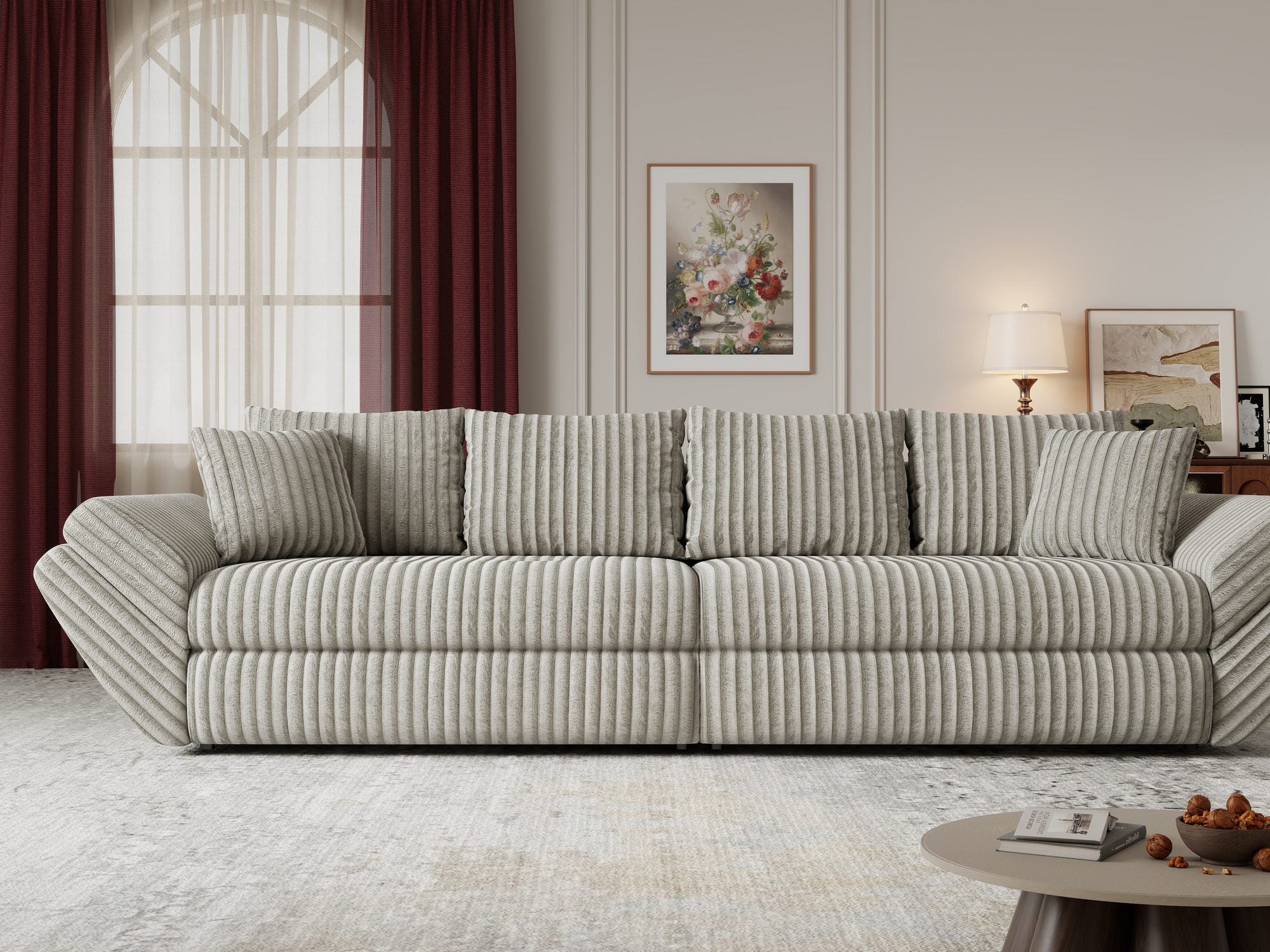 Canapea extensibilă dumonde cu ladă de depozitare si sezut confortabil din spuma high-density, Loana Tilia Gri- bej 300x100 cm
