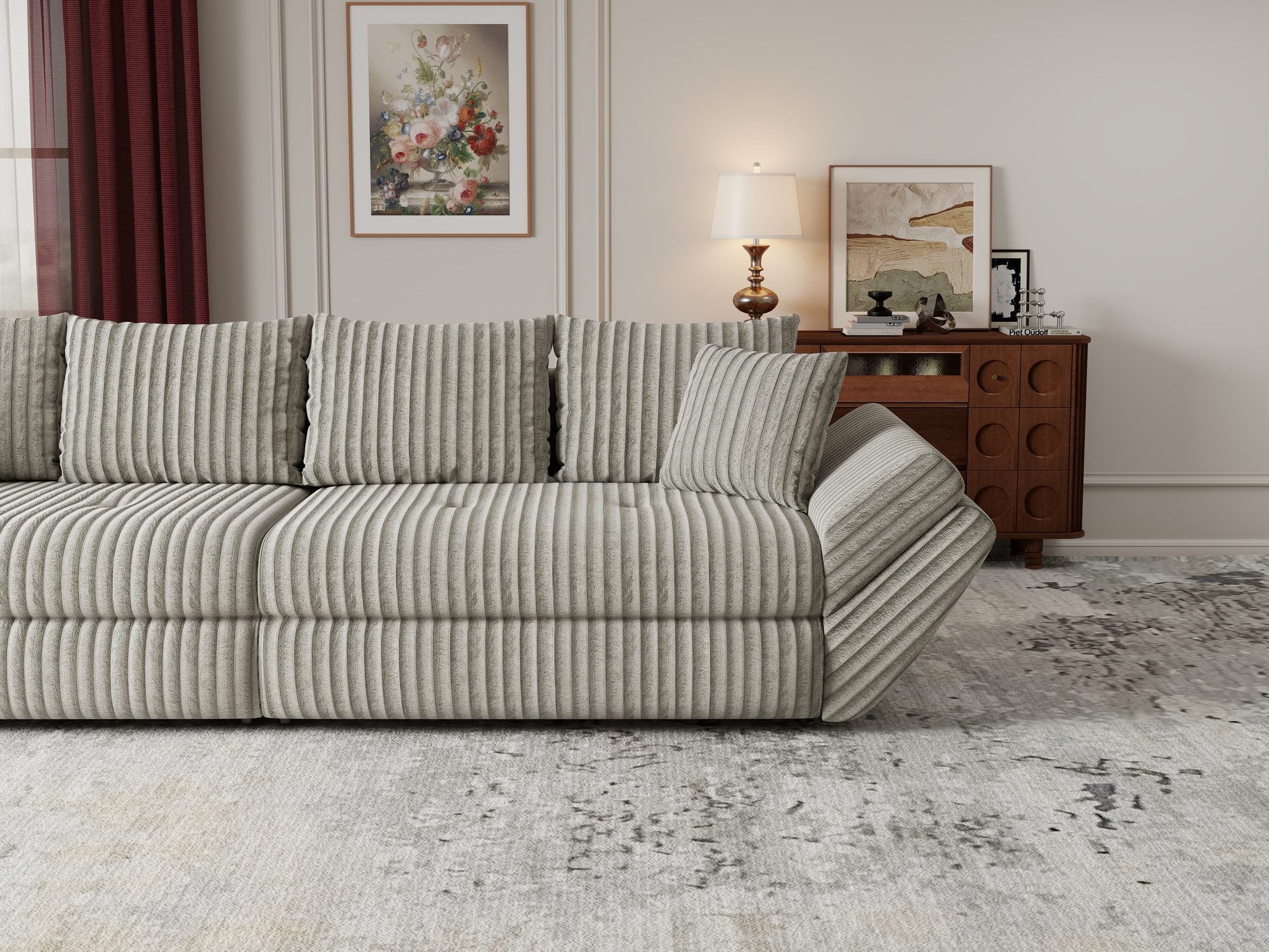 Canapea extensibilă dumonde cu ladă de depozitare si sezut confortabil din spuma high-density, Loana Tilia Gri- bej 300x100 cm