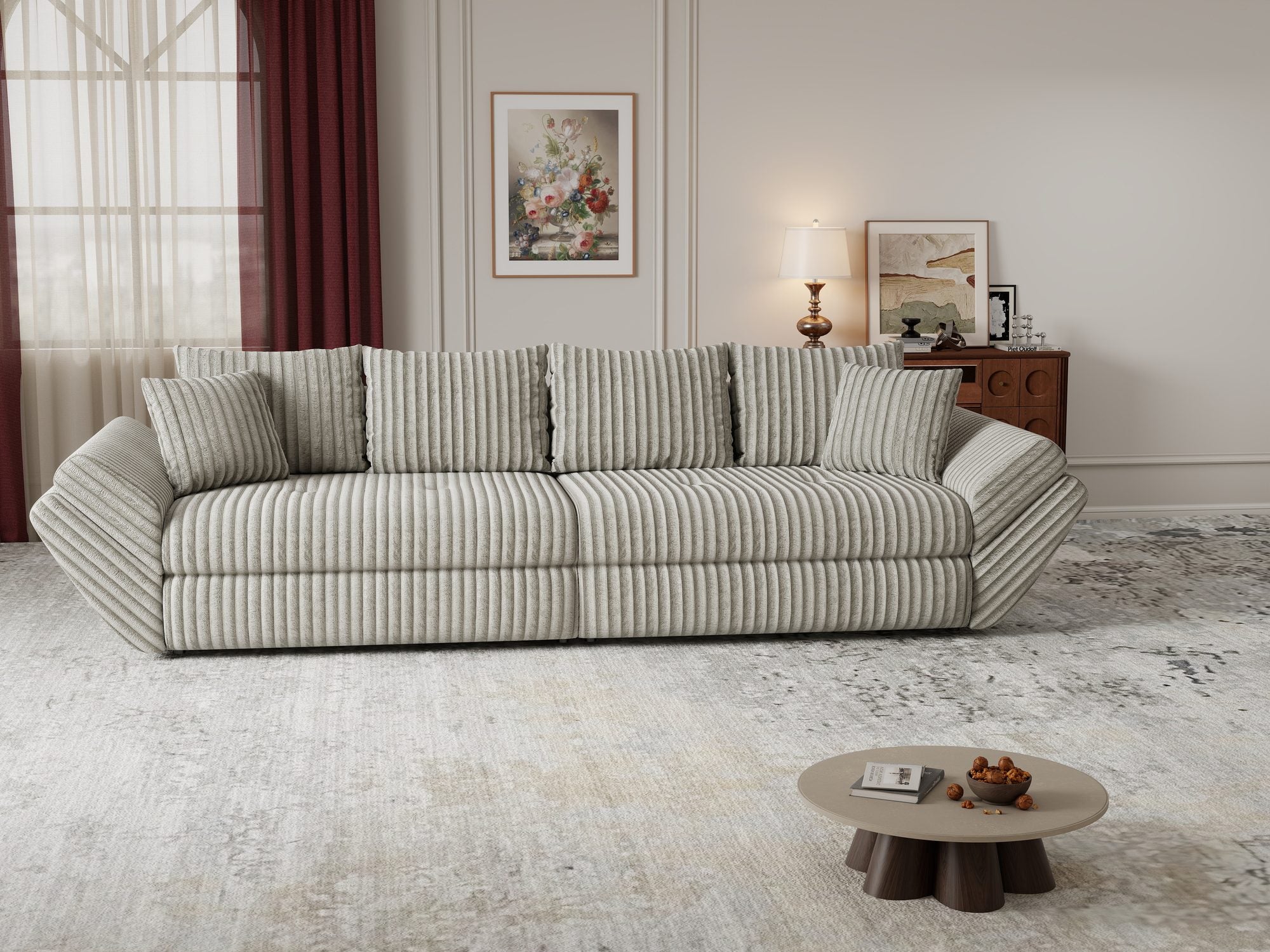 Canapea extensibilă dumonde cu ladă de depozitare si sezut confortabil din spuma high-density, Loana Tilia Gri- bej 300x100 cm