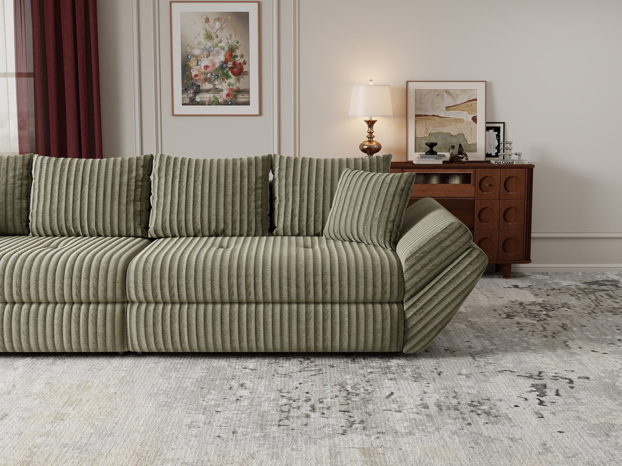 Canapea extensibilă dumonde cu ladă de depozitare Loana Tilia Verde olive 300x100 cm