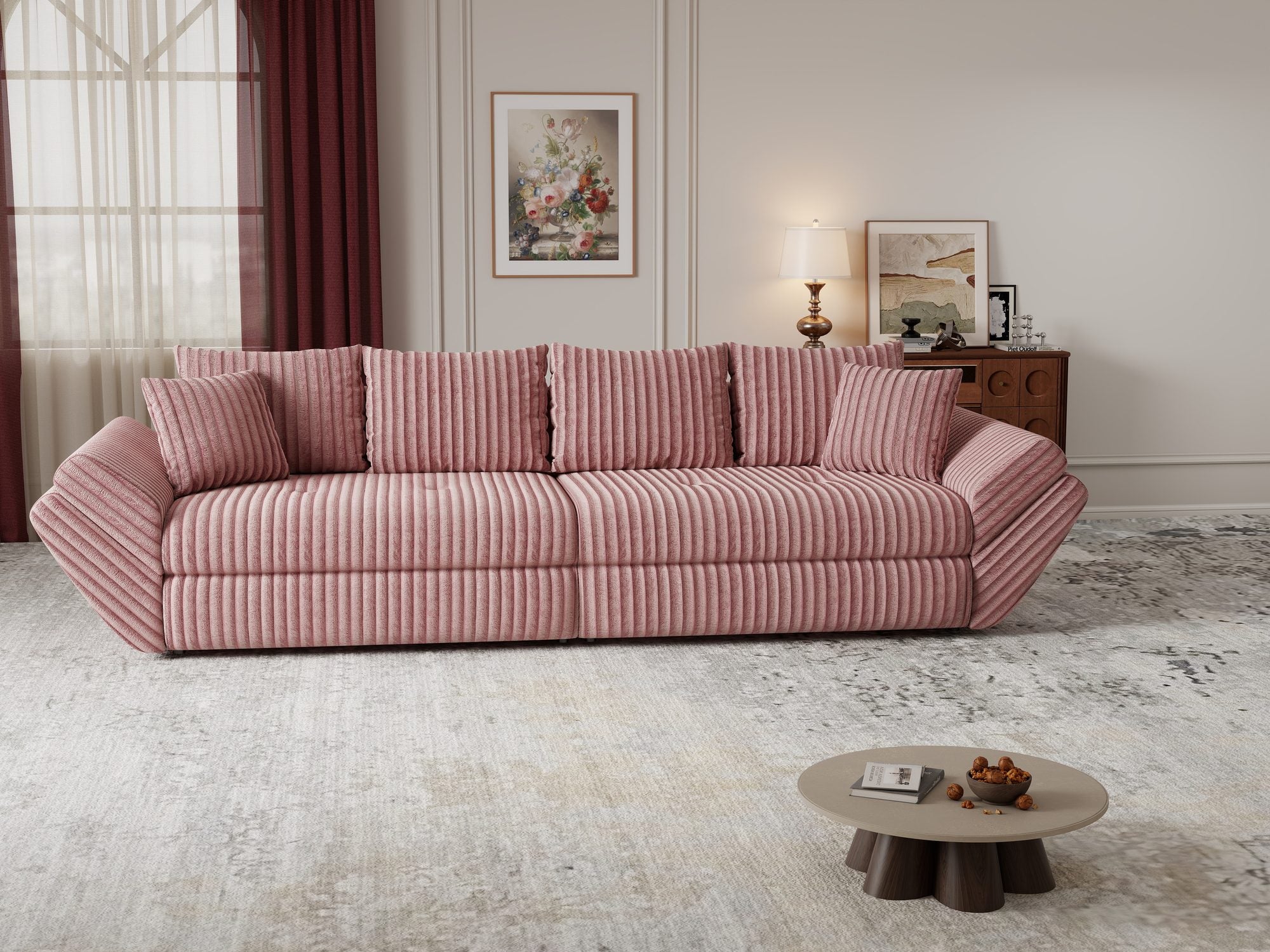 Canapea extensibilă dumonde cu ladă de depozitare Loana Tilia Roz pudrat 300x100 cm