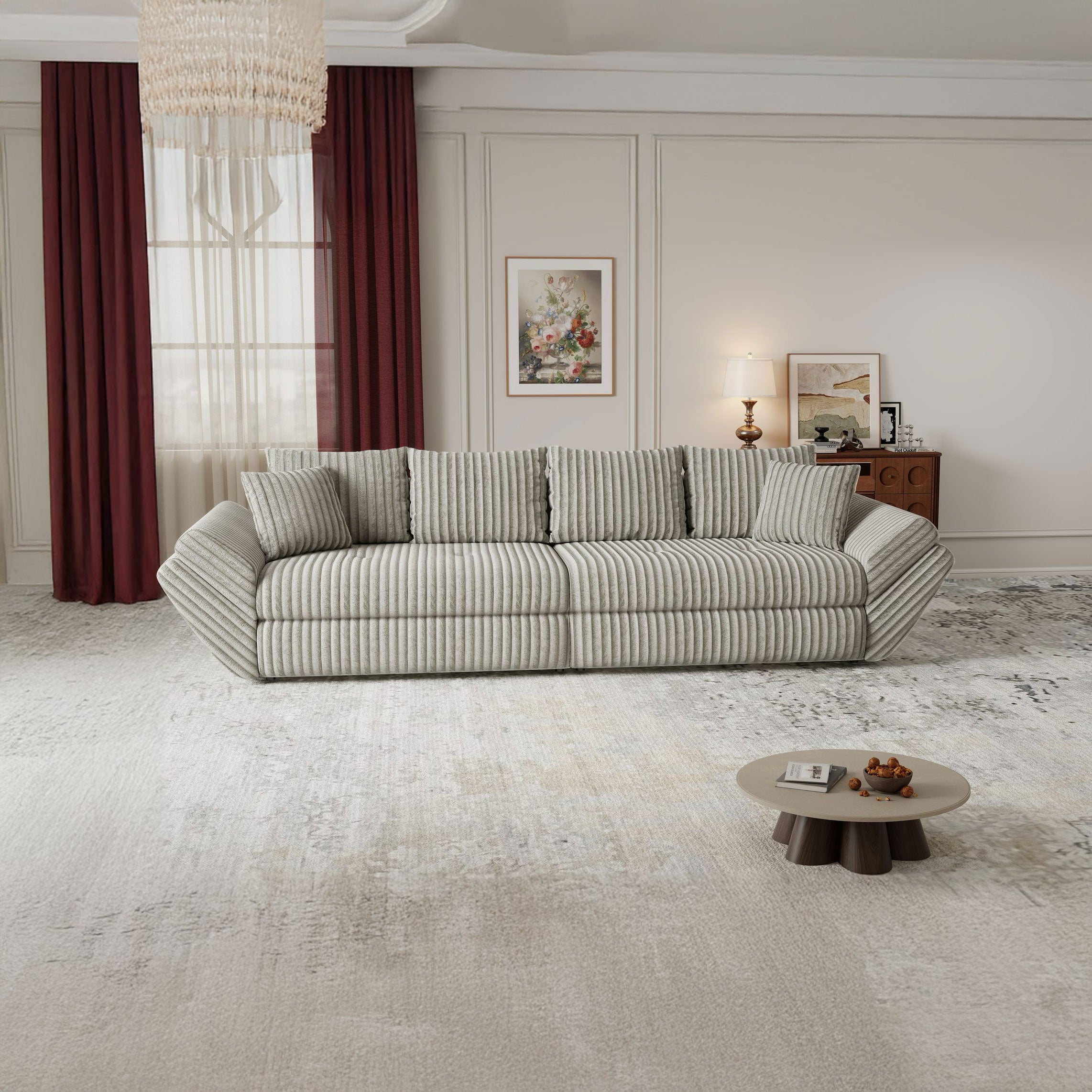 Canapea extensibilă dumonde cu ladă de depozitare si sezut confortabil din spuma high-density, Loana Tilia Gri- bej 300x100 cm