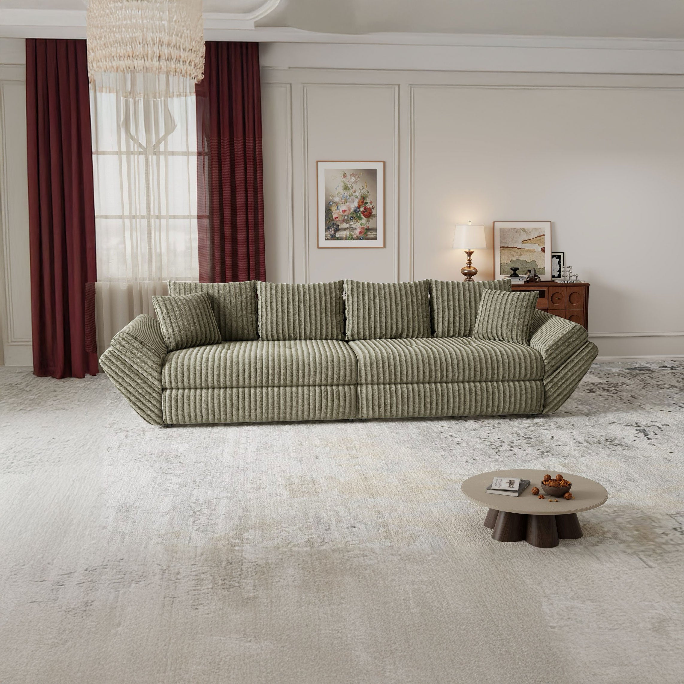 Canapea extensibilă dumonde cu ladă de depozitare si sezut confortabil din spuma high-density, Loana Tilia Verde olive 300x100 cm
