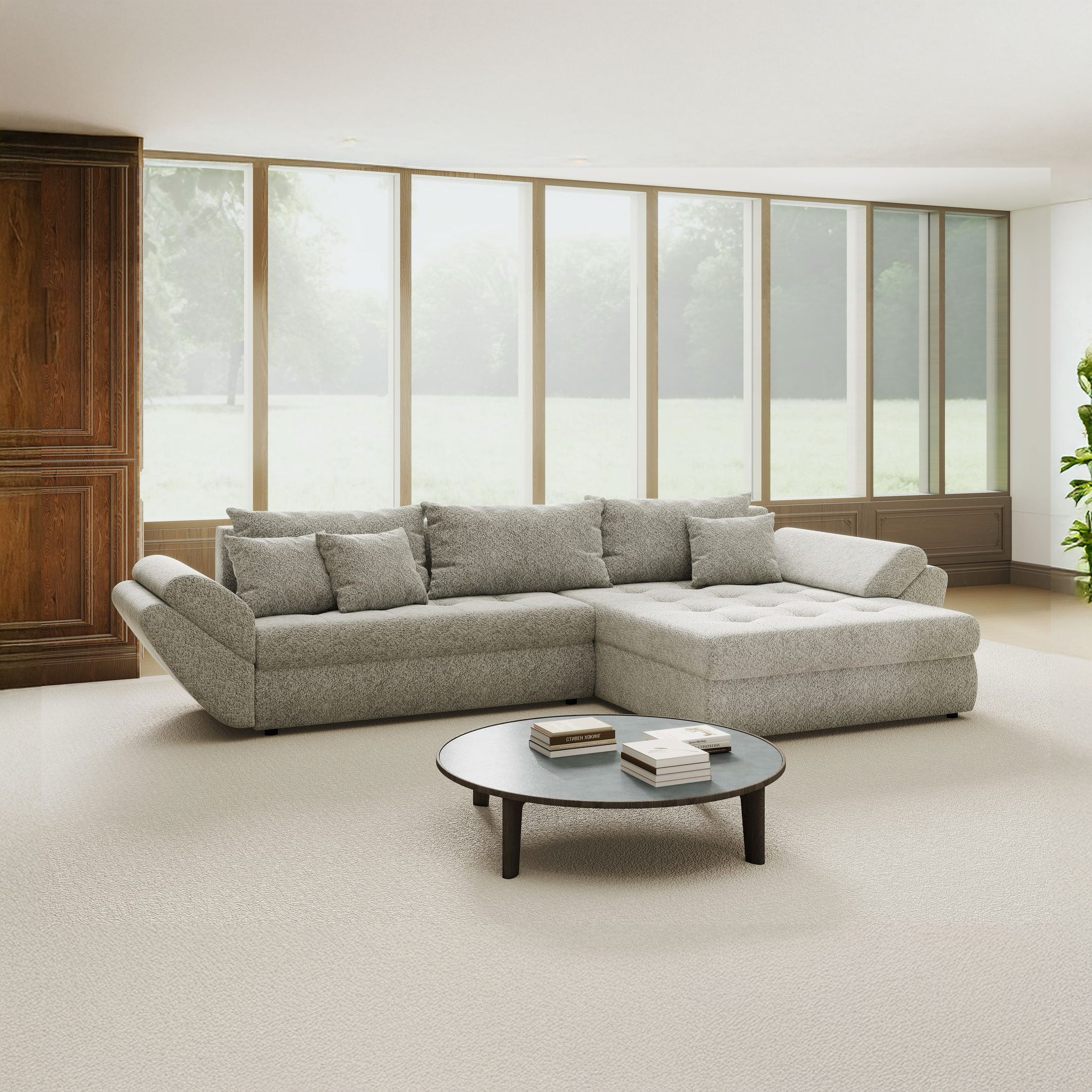 Colțar extensibil dumonde cu ladă de depozitare si sezut confortabil din spuma high-density, Loana Arena Gri II 270x185 cm