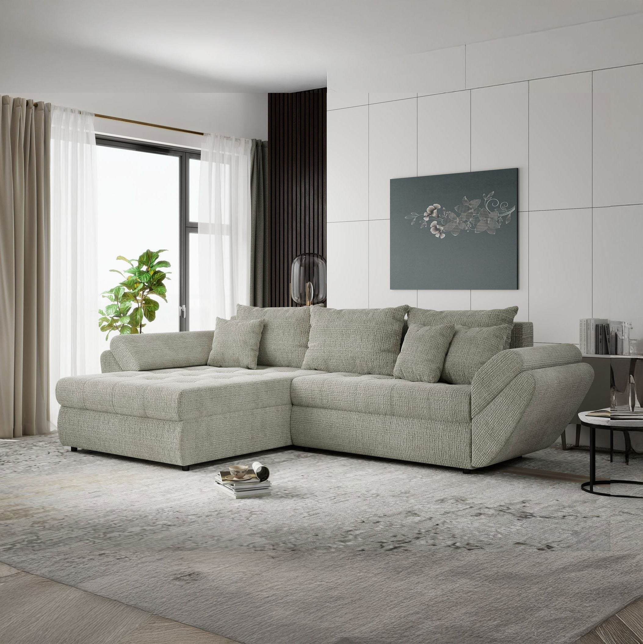 Colțar extensibil dumonde cu ladă de depozitare si sezut confortabil din spuma high-density, Loana Cremona Bej 270x185 cm