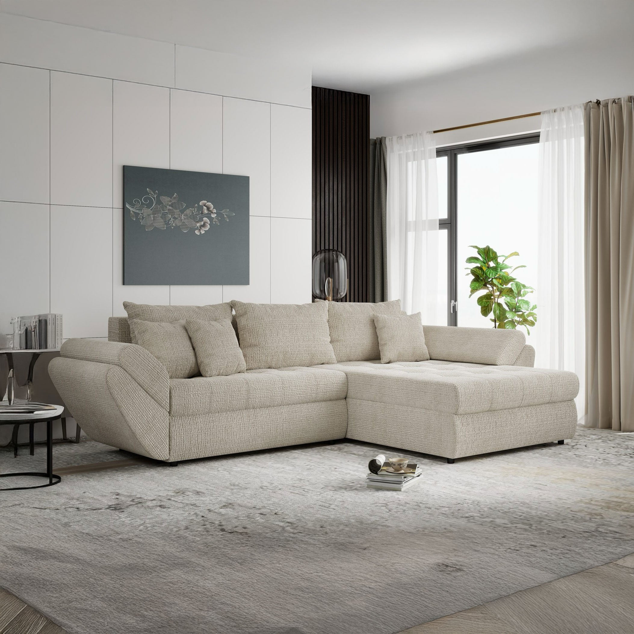 Colțar extensibil dumonde cu ladă de depozitare si sezut confortabil din spuma high-density, Loana Cremona Gri deschis II 270x185 cm