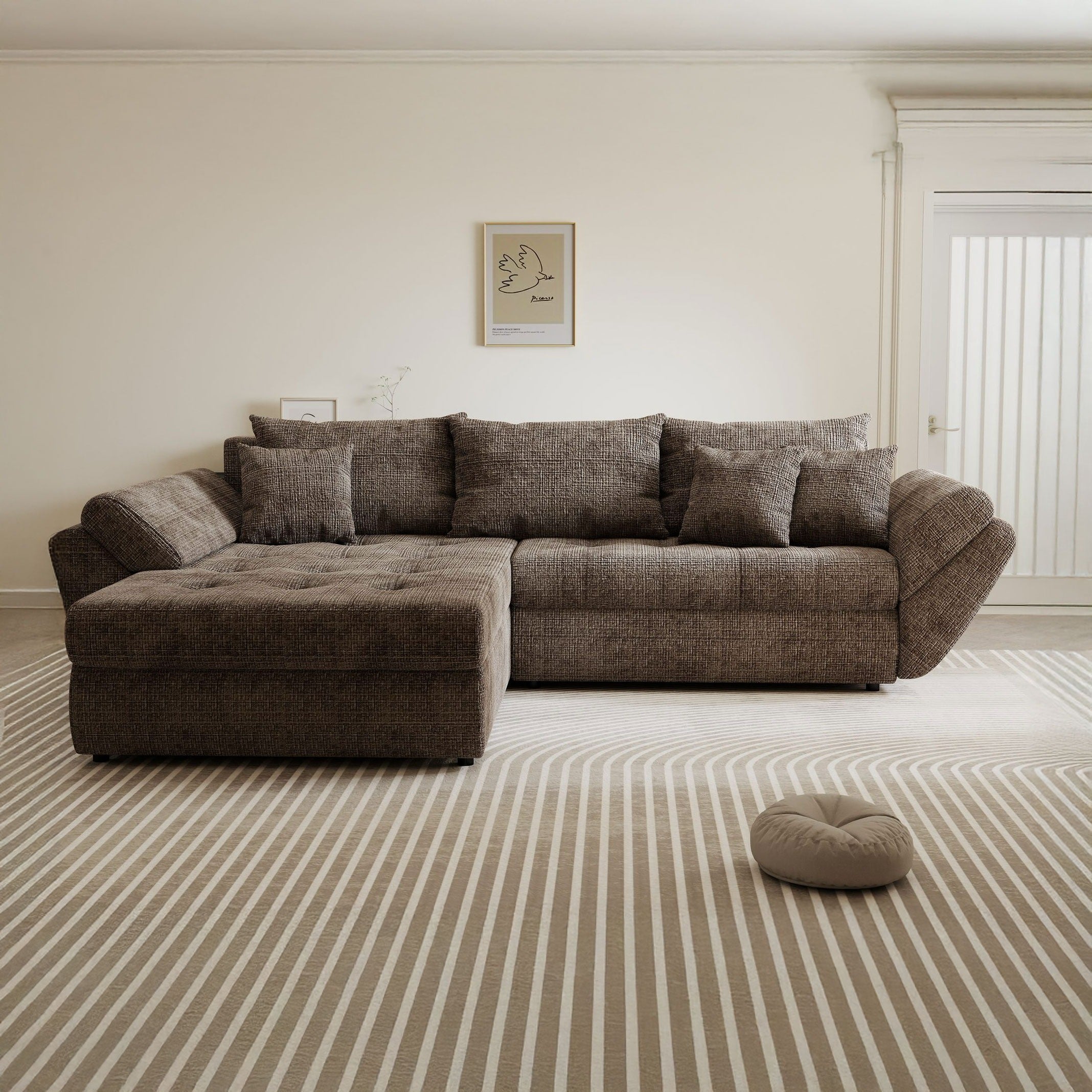 Colțar extensibil dumonde cu ladă de depozitare si sezut confortabil din spuma high-density, Loana Cremona Maro-bej 270x185 cm