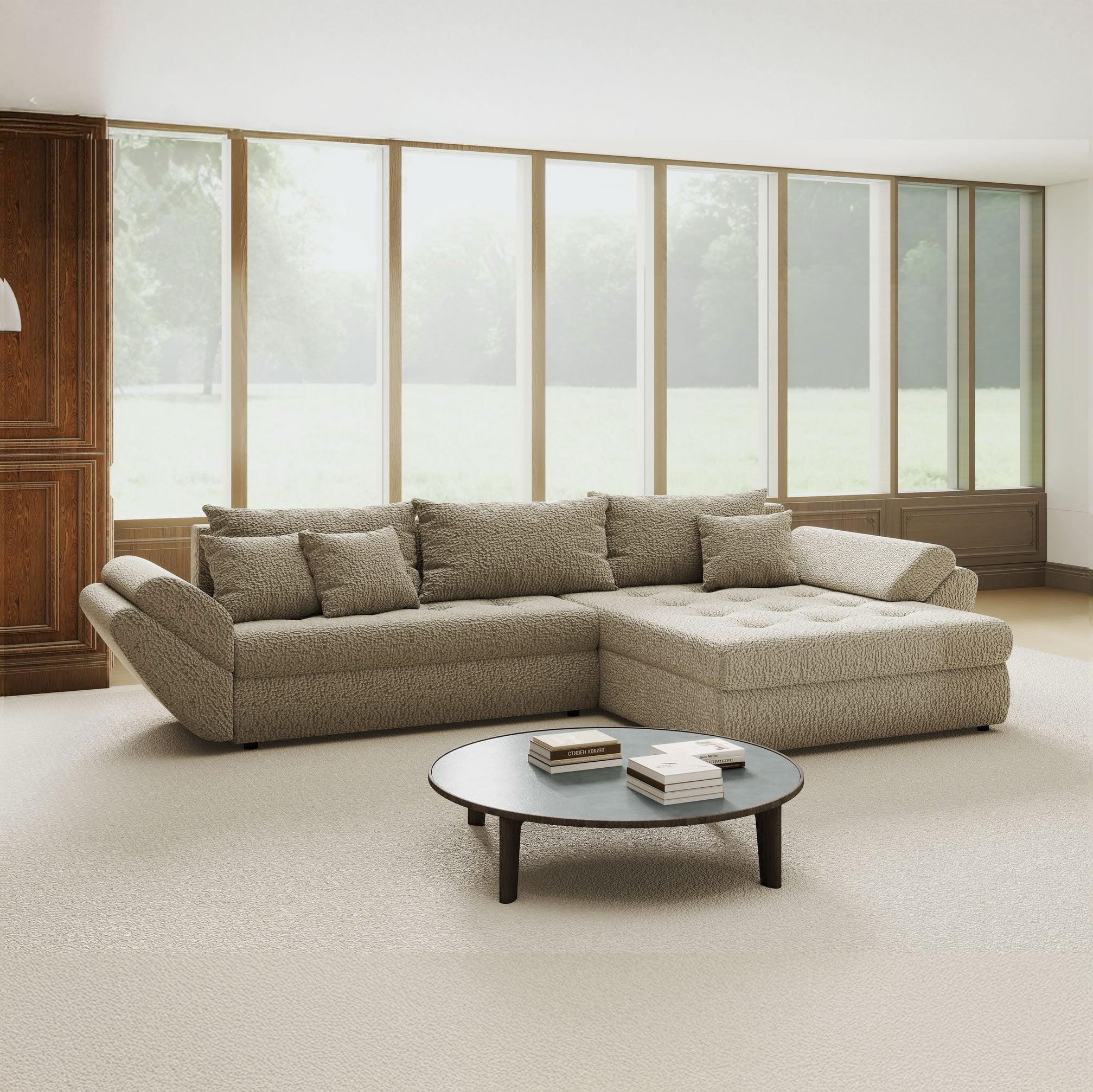 Colțar extensibil dumonde cu ladă de depozitare si sezut confortabil din spuma high-density, Loana Jaguar Bej II 270x185 cm