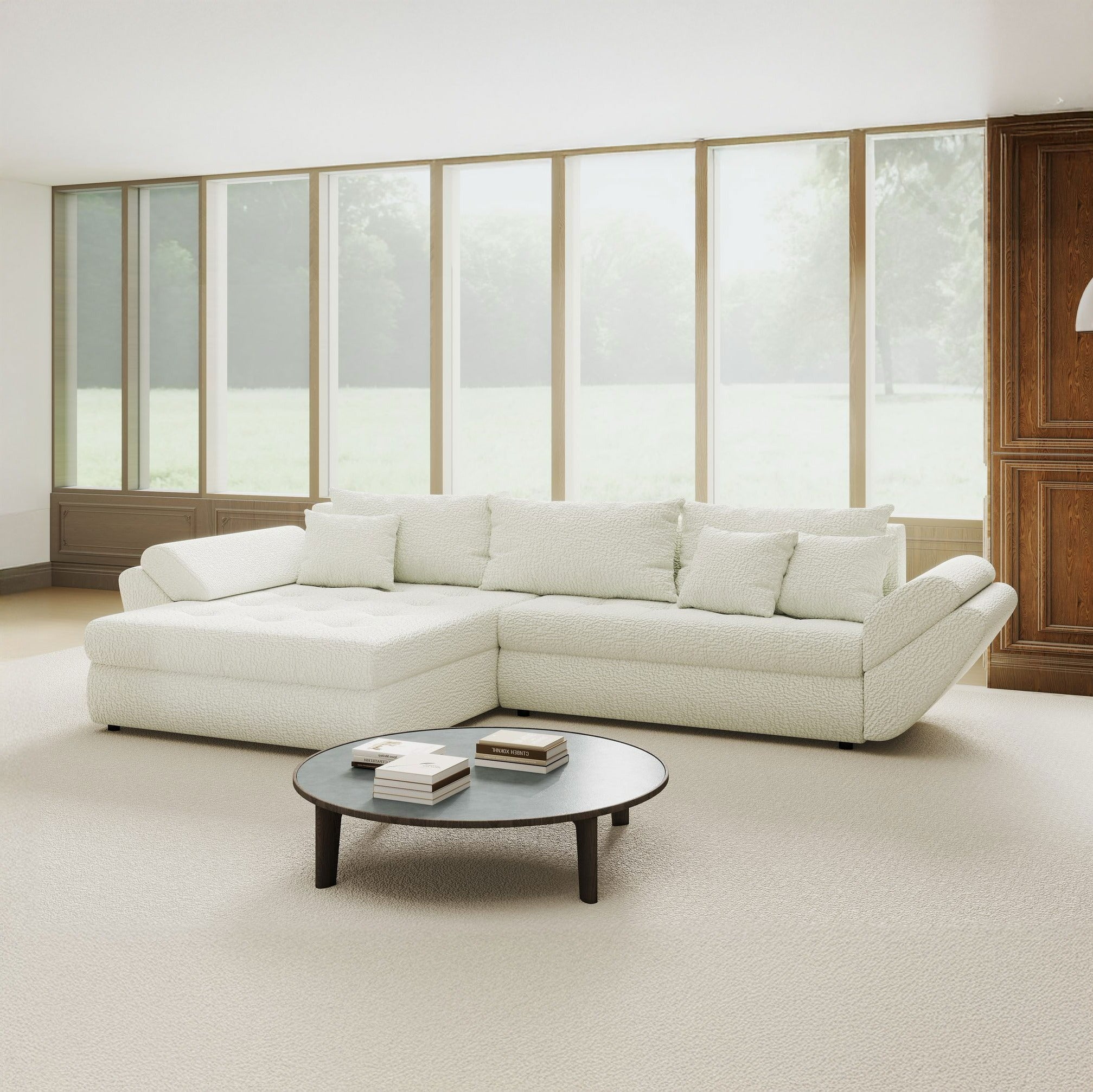 Colțar extensibil dumonde cu ladă de depozitare si sezut confortabil din spuma high-density, Loana Jaguar Ivory 270x185 cm