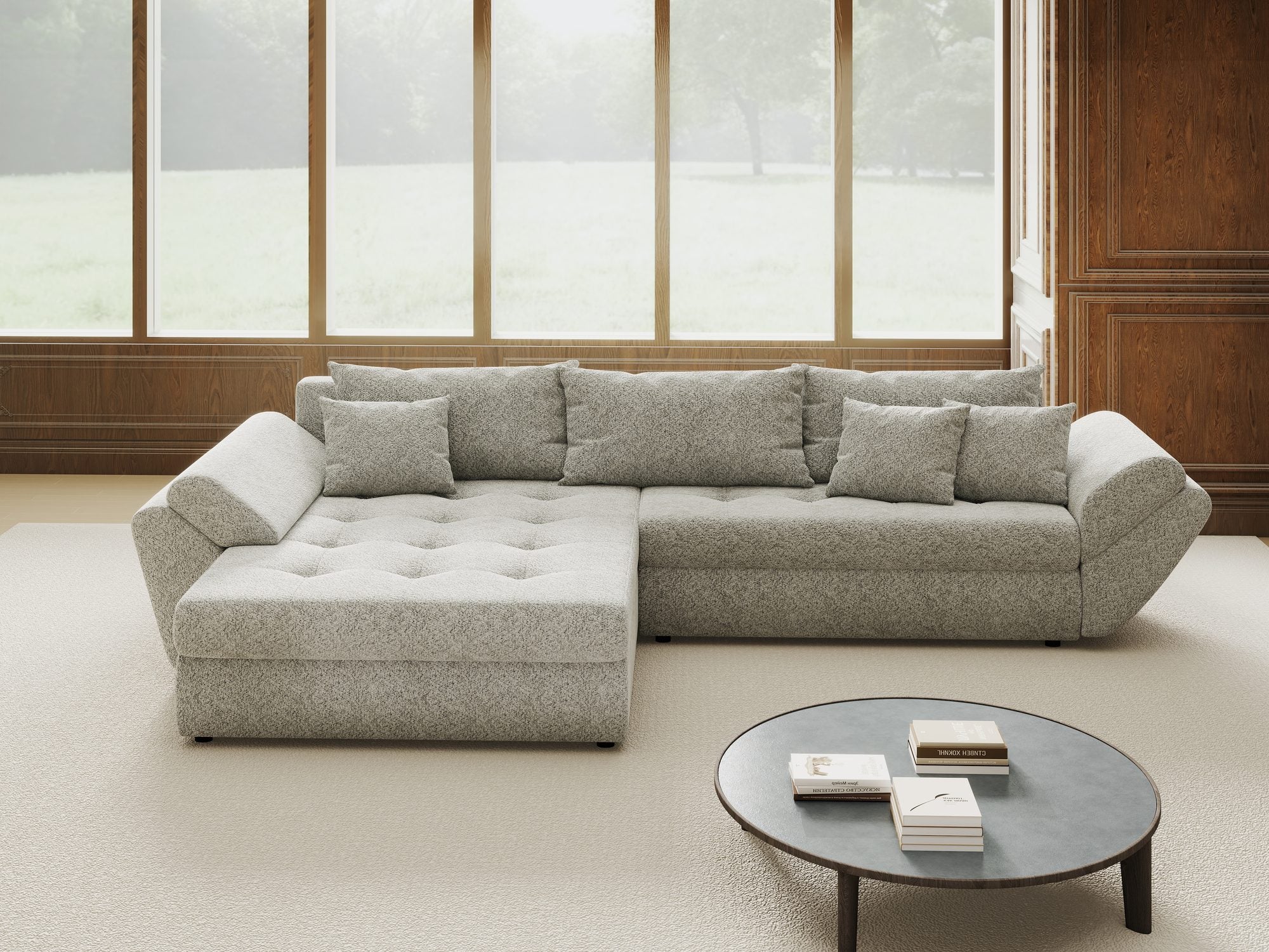 Colțar extensibil dumonde cu ladă de depozitare si sezut confortabil din spuma high-density, Loana Arena Gri 270x185 cm
