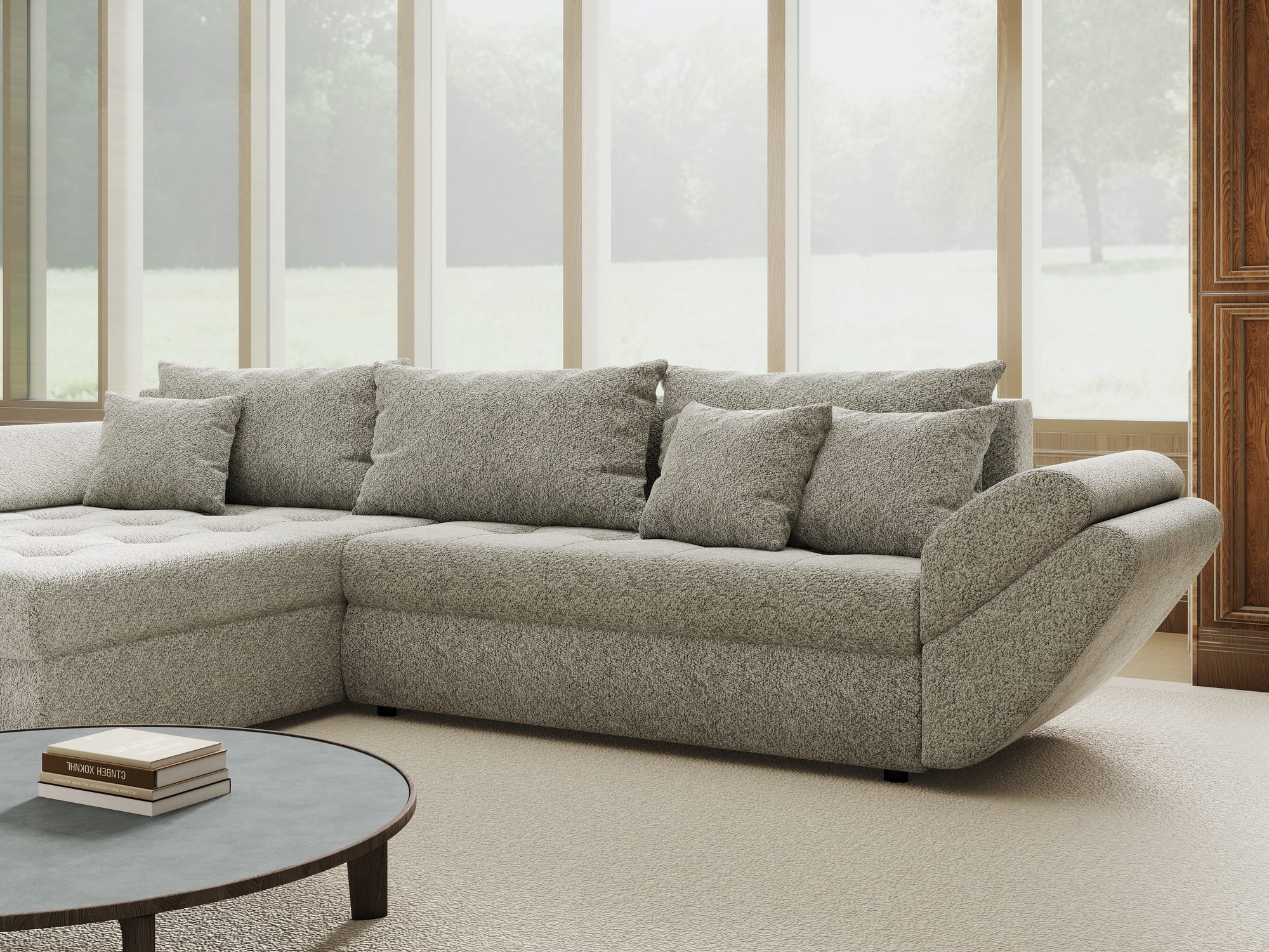 Colțar extensibil dumonde cu ladă de depozitare si sezut confortabil din spuma high-density, Loana Arena Gri 270x185 cm