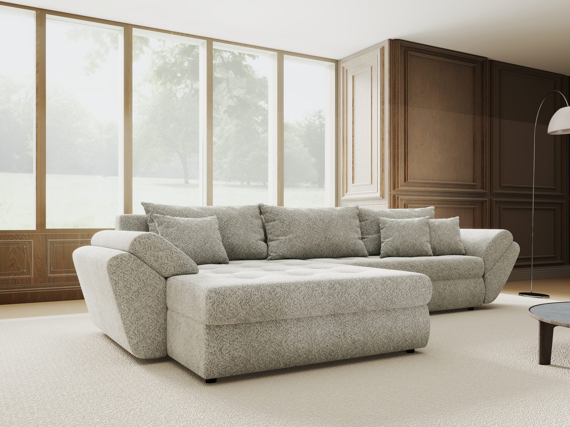 Colțar extensibil dumonde cu ladă de depozitare si sezut confortabil din spuma high-density, Loana Arena Gri 270x185 cm