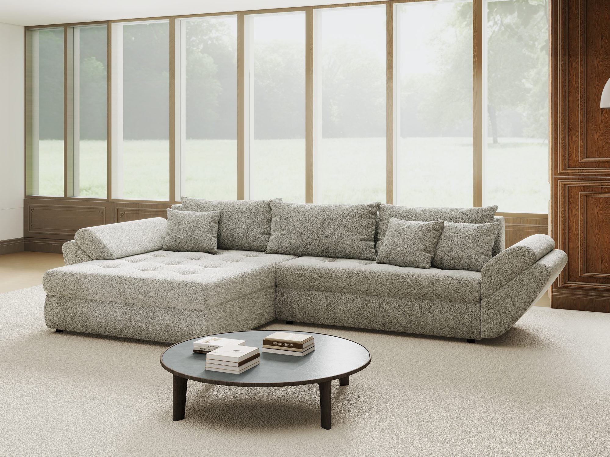Colțar extensibil dumonde cu ladă de depozitare si sezut confortabil din spuma high-density, Loana Arena Gri 270x185 cm