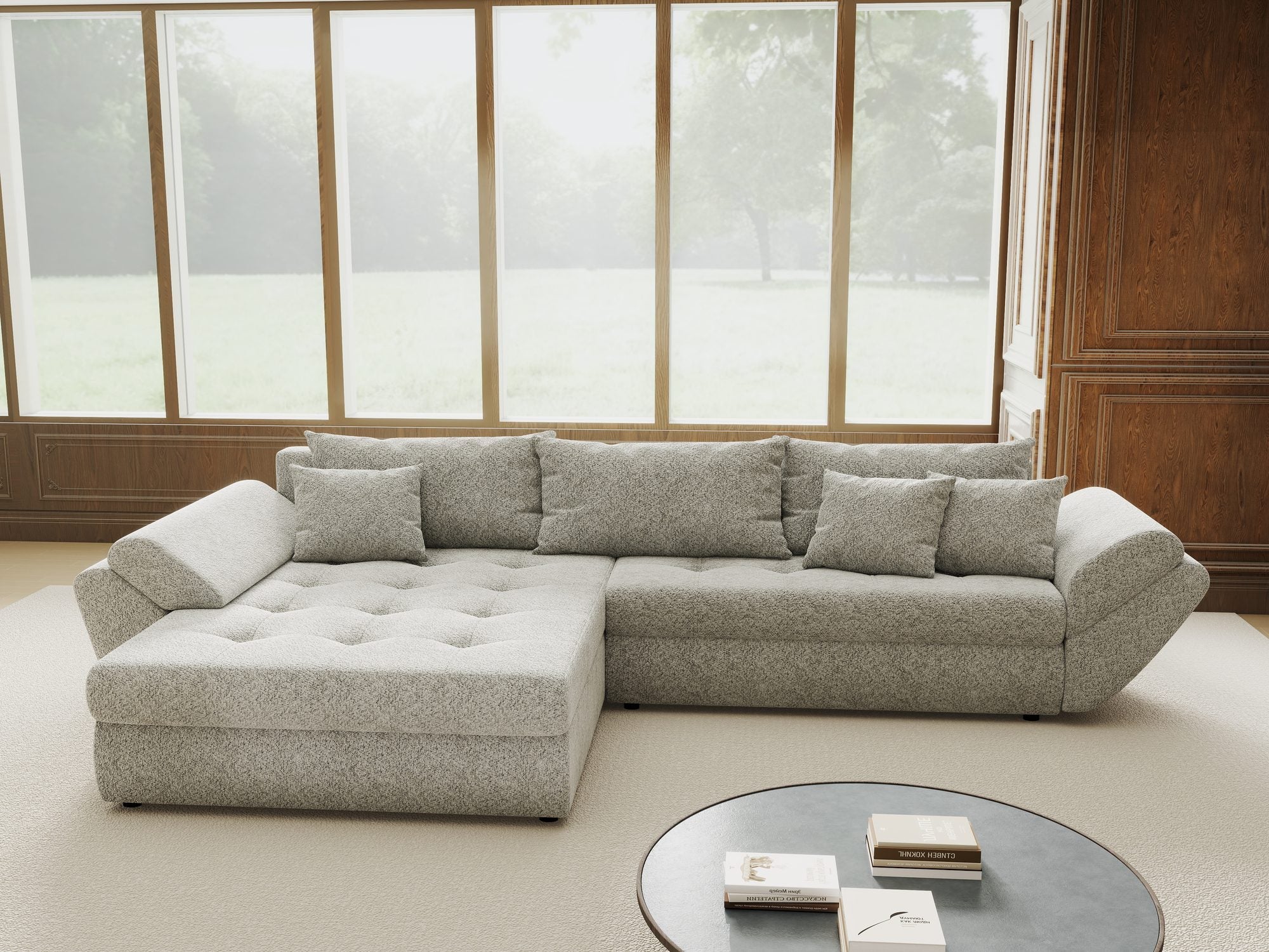 Colțar extensibil dumonde cu ladă de depozitare si sezut confortabil din spuma high-density, Loana Arena Gri 270x185 cm