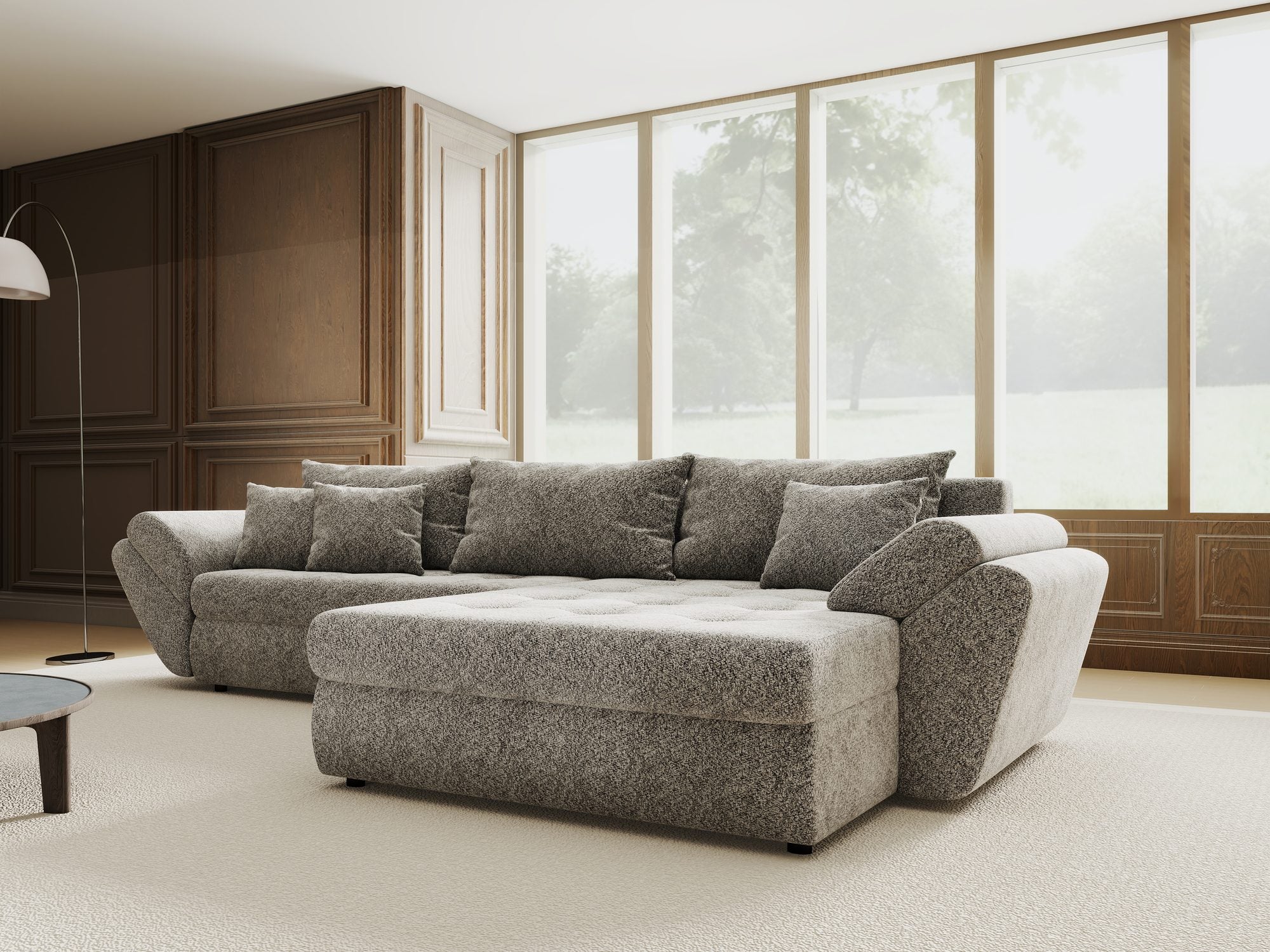 Colțar extensibil dumonde cu ladă de depozitare si sezut confortabil din spuma high-density, Loana Arena Gri grafit II 270x185 cm