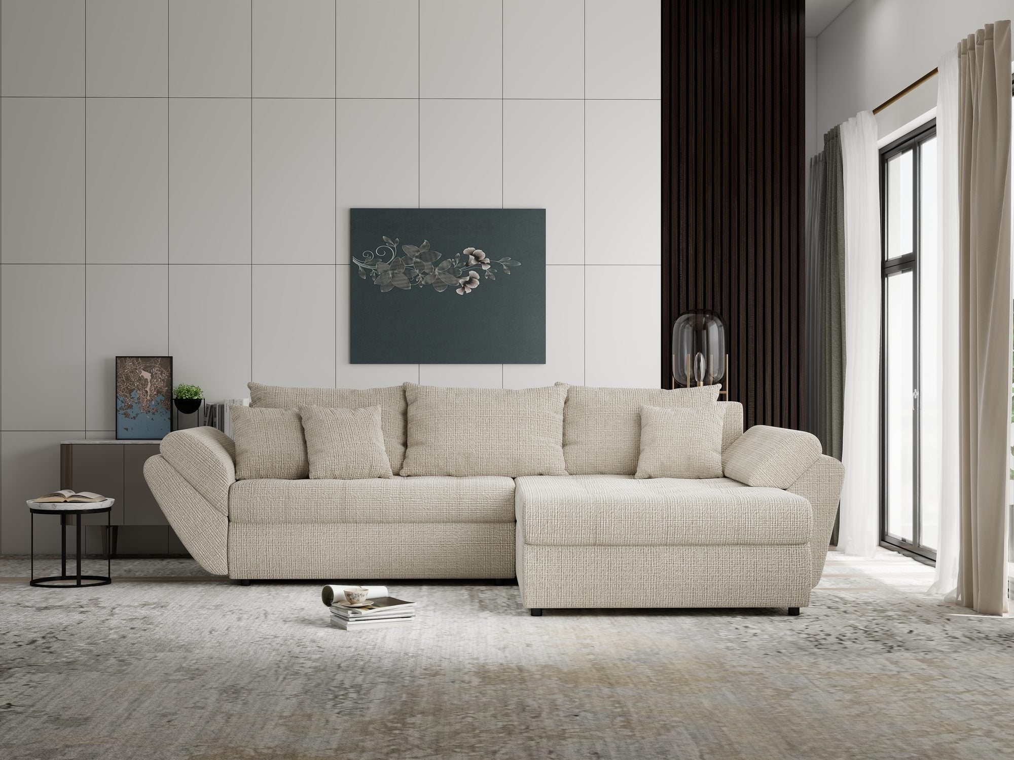 Colțar extensibil dumonde cu ladă de depozitare si sezut confortabil din spuma high-density, Loana Cremona Gri deschis II 270x185 cm