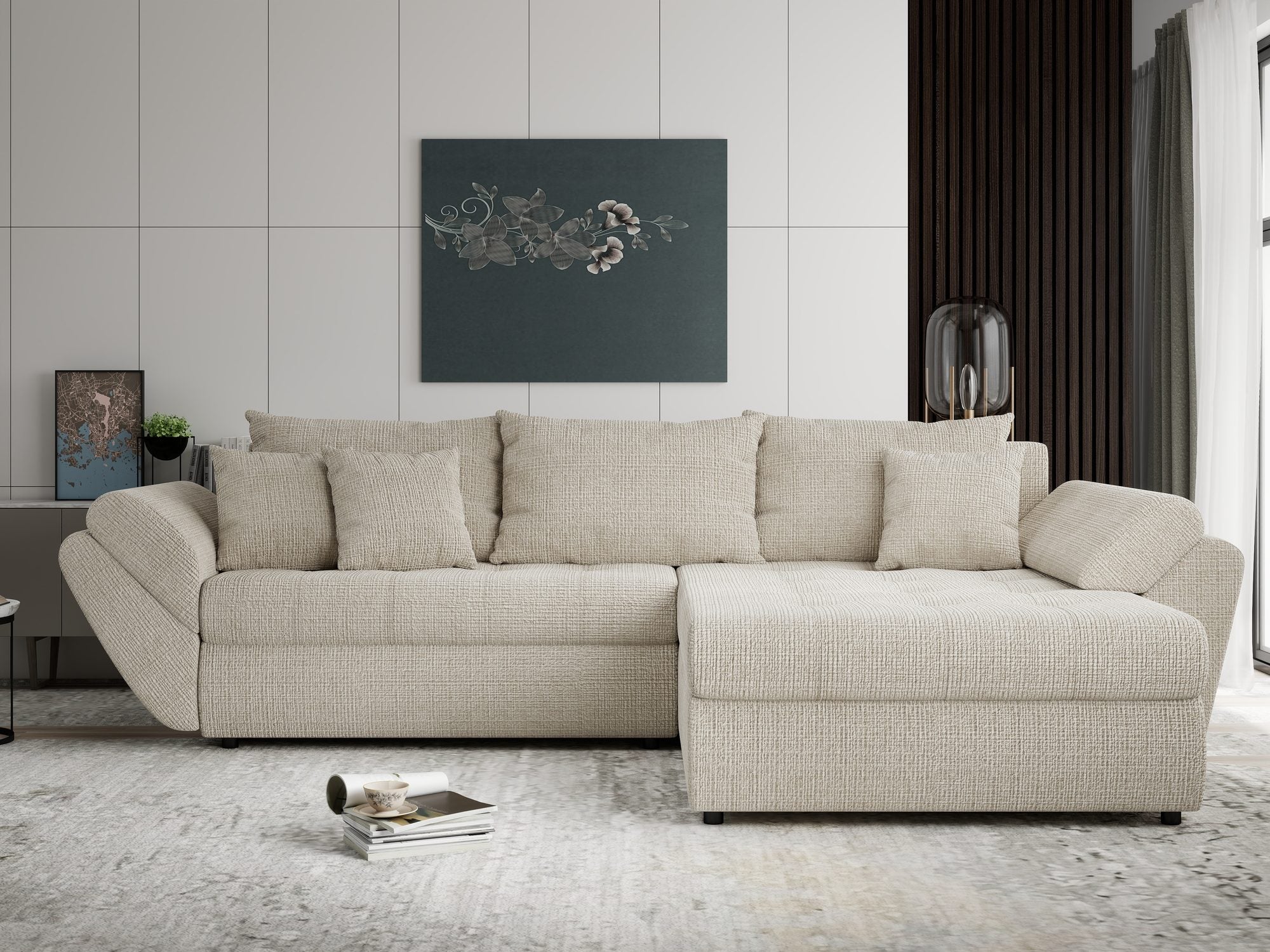 Colțar extensibil dumonde cu ladă de depozitare si sezut confortabil din spuma high-density, Loana Cremona Gri deschis II 270x185 cm