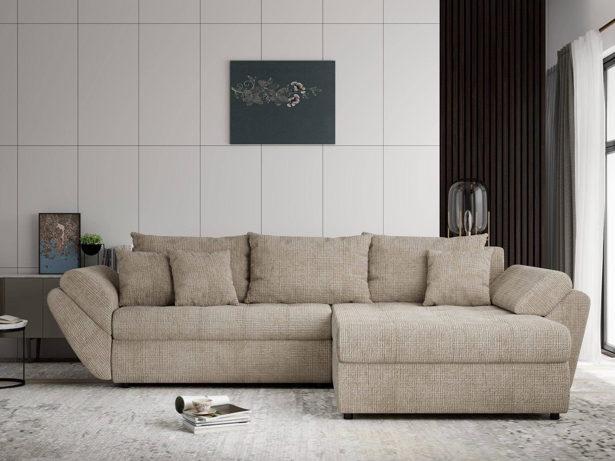 Colțar extensibil dumonde cu ladă de depozitare si sezut confortabil din spuma high-density, Loana Cremona Bej II 270x185 cm