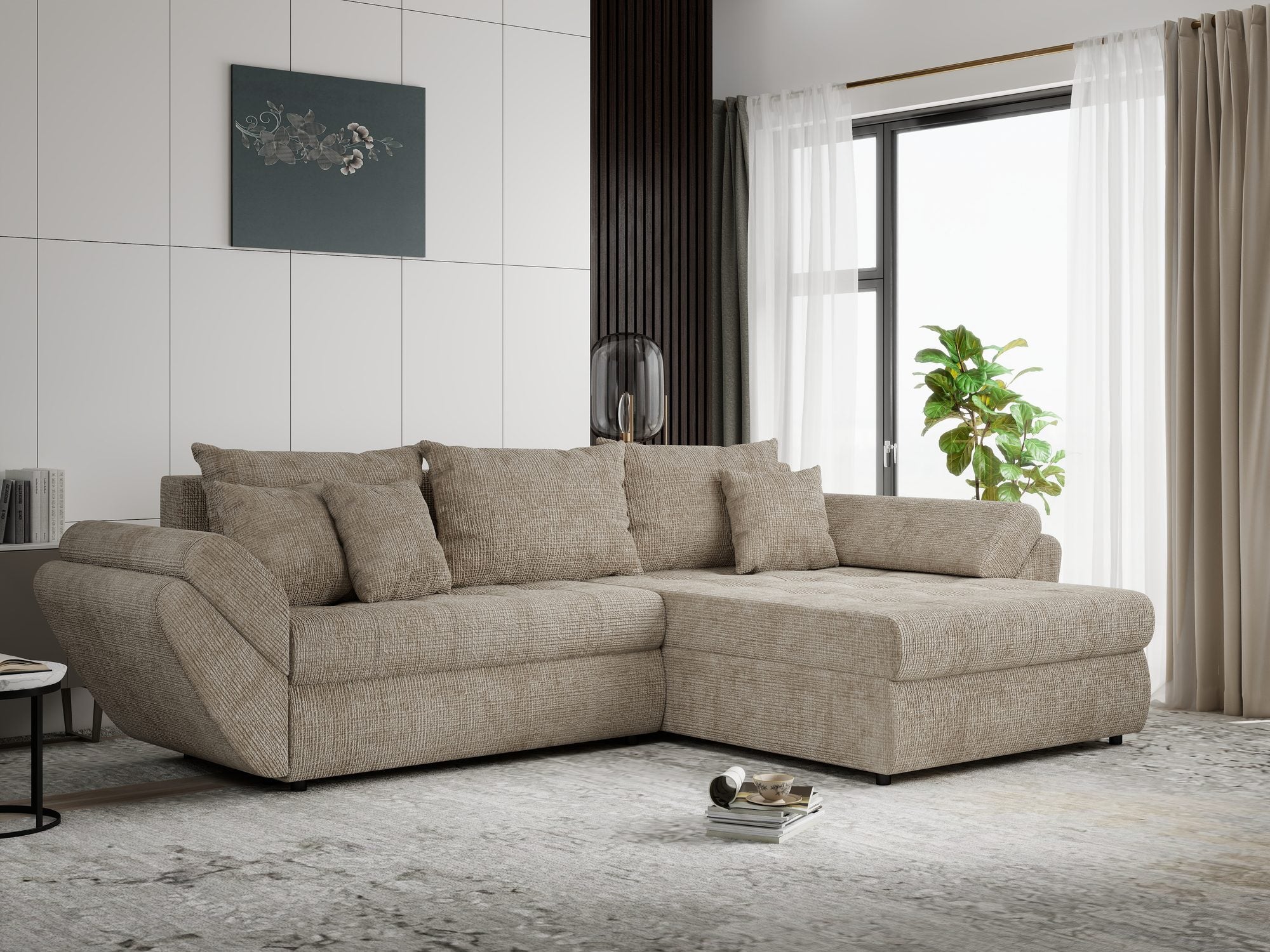 Colțar extensibil dumonde cu ladă de depozitare si sezut confortabil din spuma high-density, Loana Cremona Bej II 270x185 cm