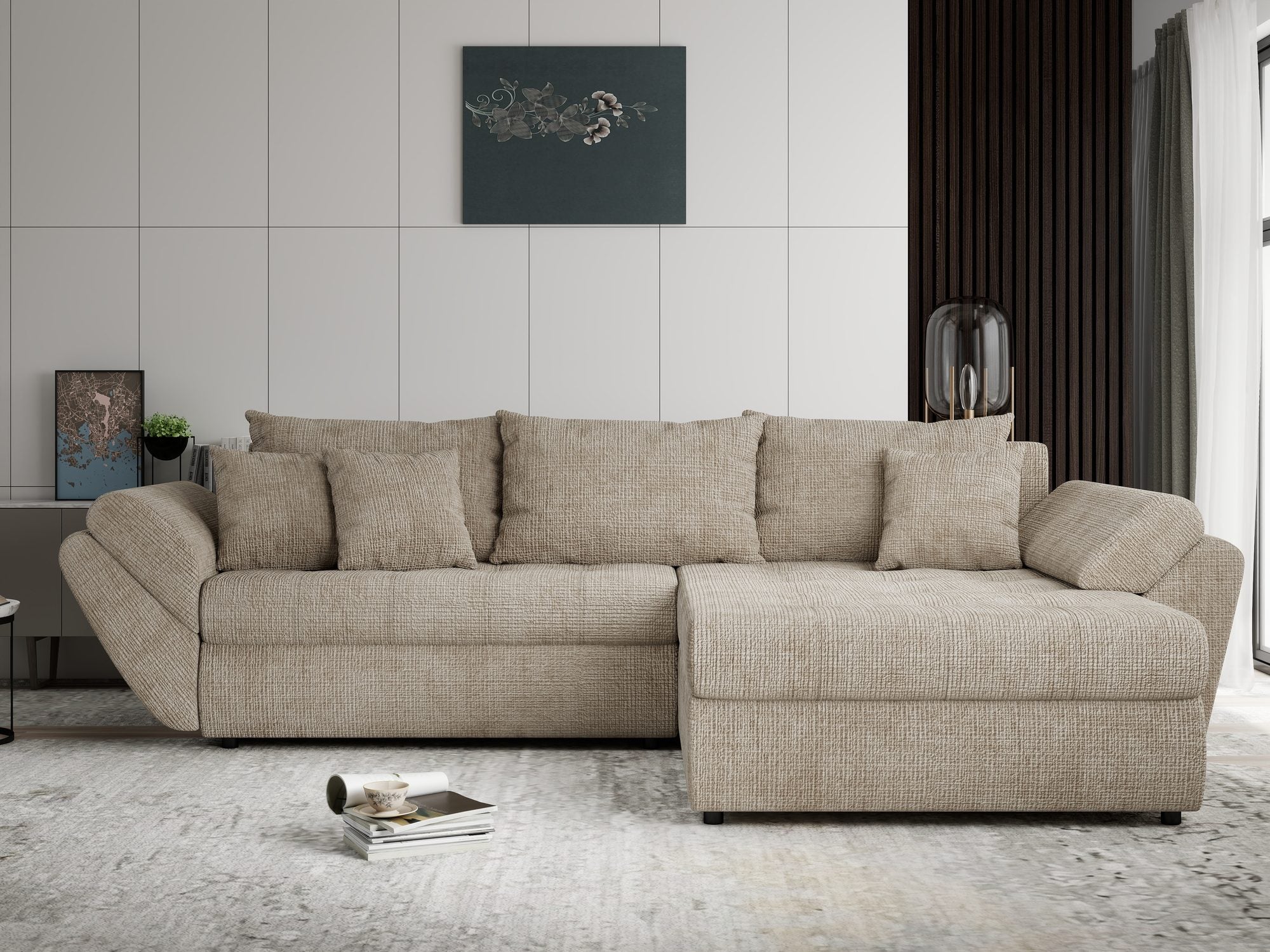 Colțar extensibil dumonde cu ladă de depozitare si sezut confortabil din spuma high-density, Loana Cremona Bej II 270x185 cm
