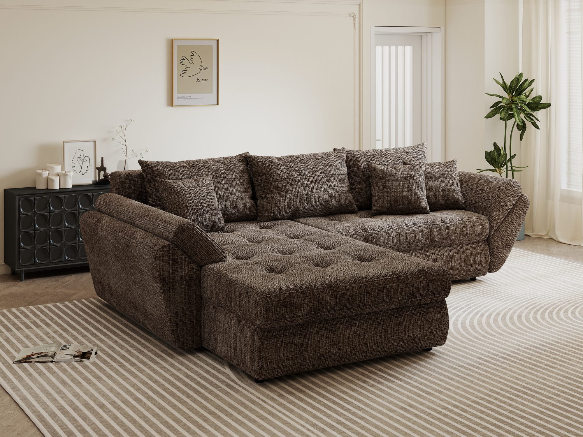 Colțar extensibil dumonde cu ladă de depozitare si sezut confortabil din spuma high-density, Loana Cremona Maro-bej 270x185 cm