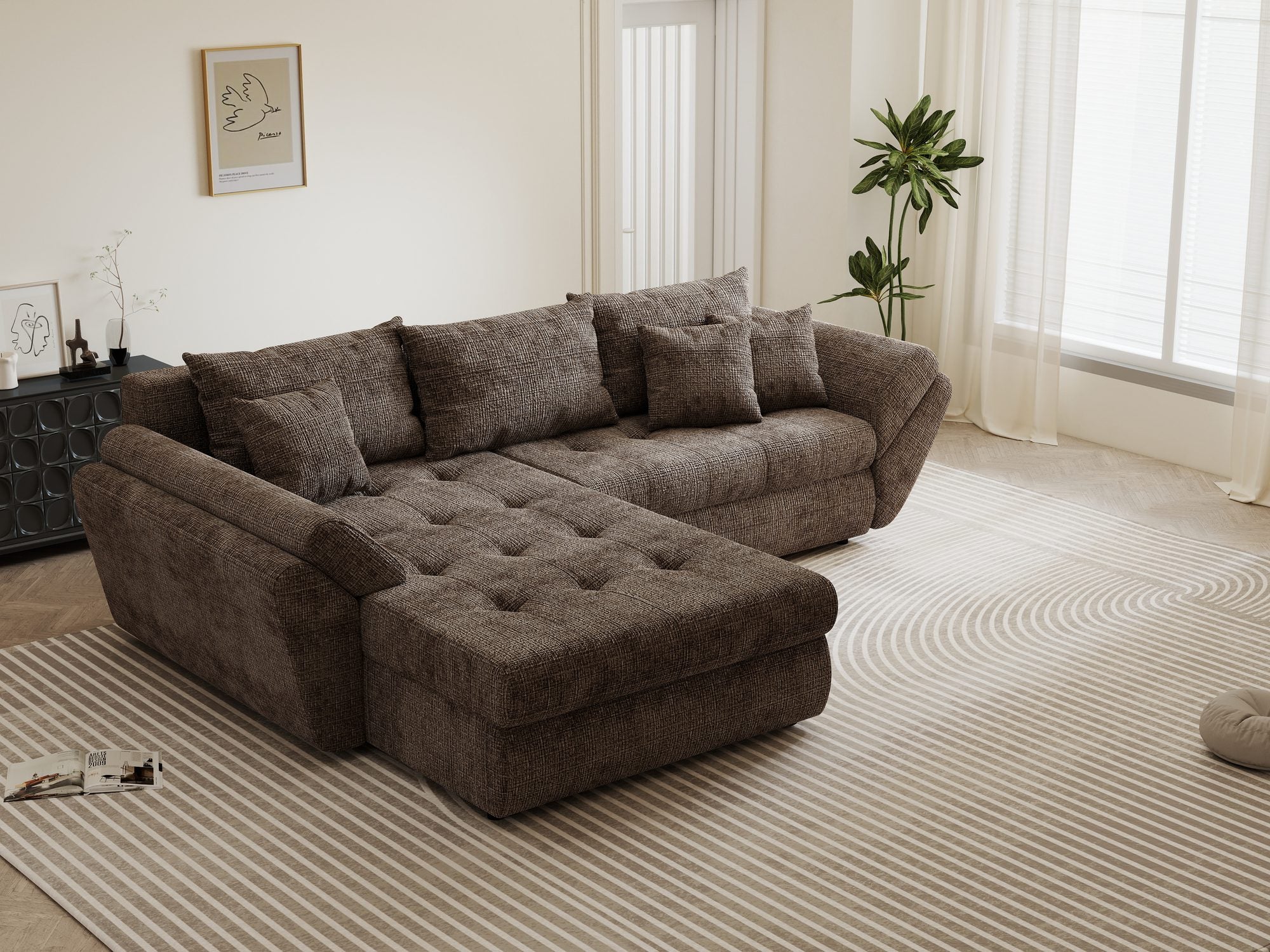 Colțar extensibil dumonde cu ladă de depozitare si sezut confortabil din spuma high-density, Loana Cremona Maro-bej 270x185 cm