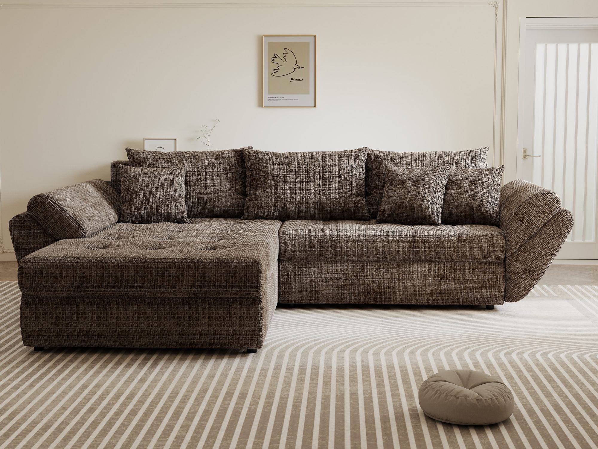 Colțar extensibil dumonde cu ladă de depozitare si sezut confortabil din spuma high-density, Loana Cremona Maro-bej 270x185 cm