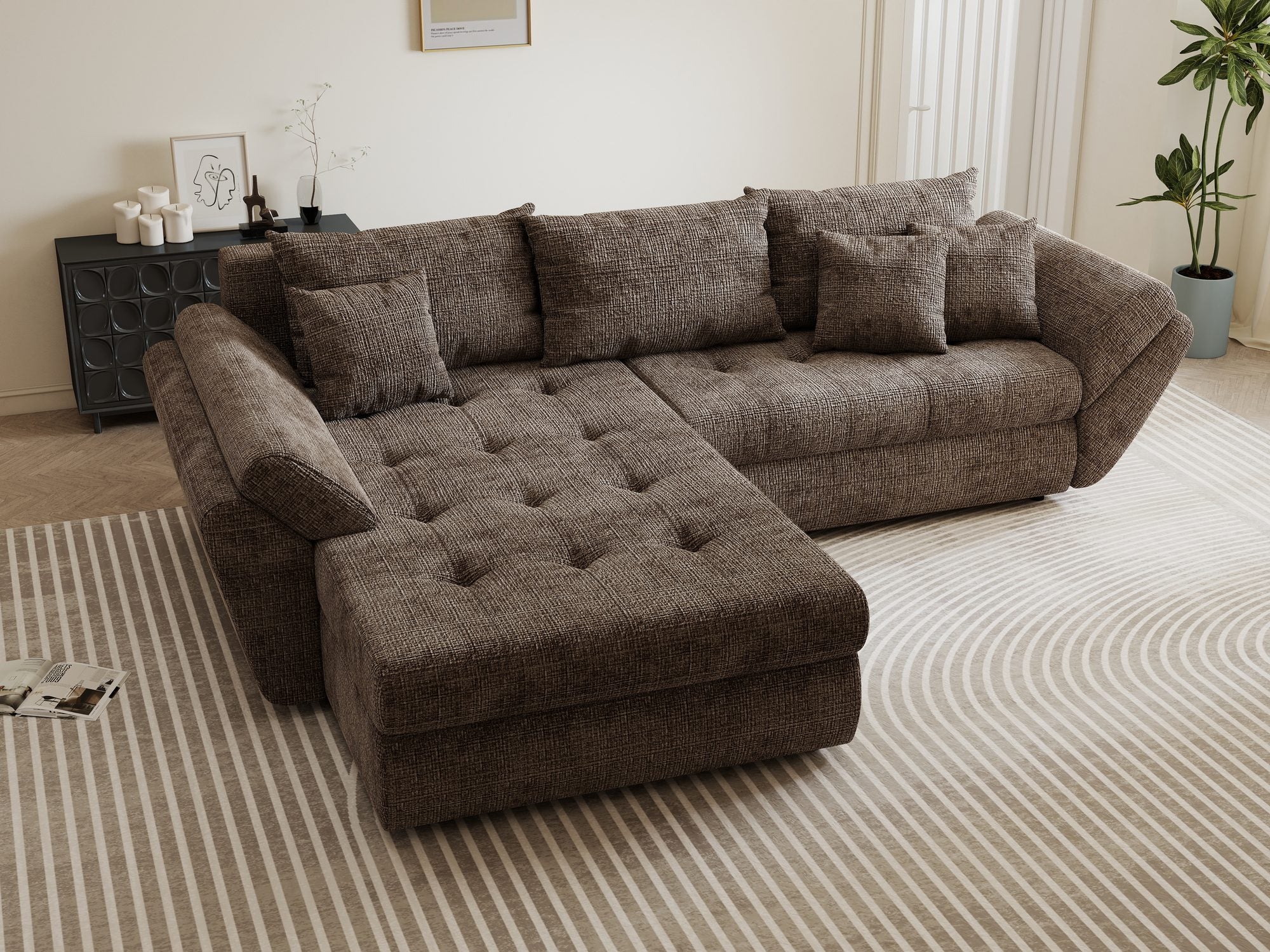 Colțar extensibil dumonde cu ladă de depozitare si sezut confortabil din spuma high-density, Loana Cremona Maro-bej 270x185 cm