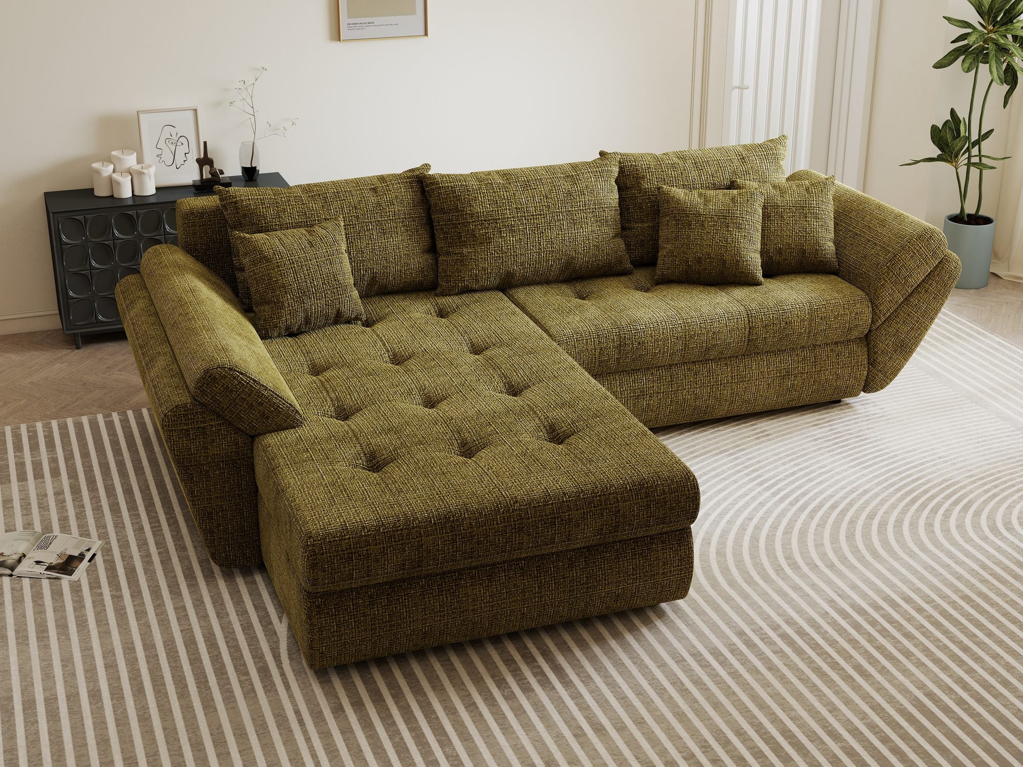 Colțar extensibil dumonde cu ladă de depozitare si sezut confortabil din spuma high-density, Loana Cremona Olive 270x185 cm