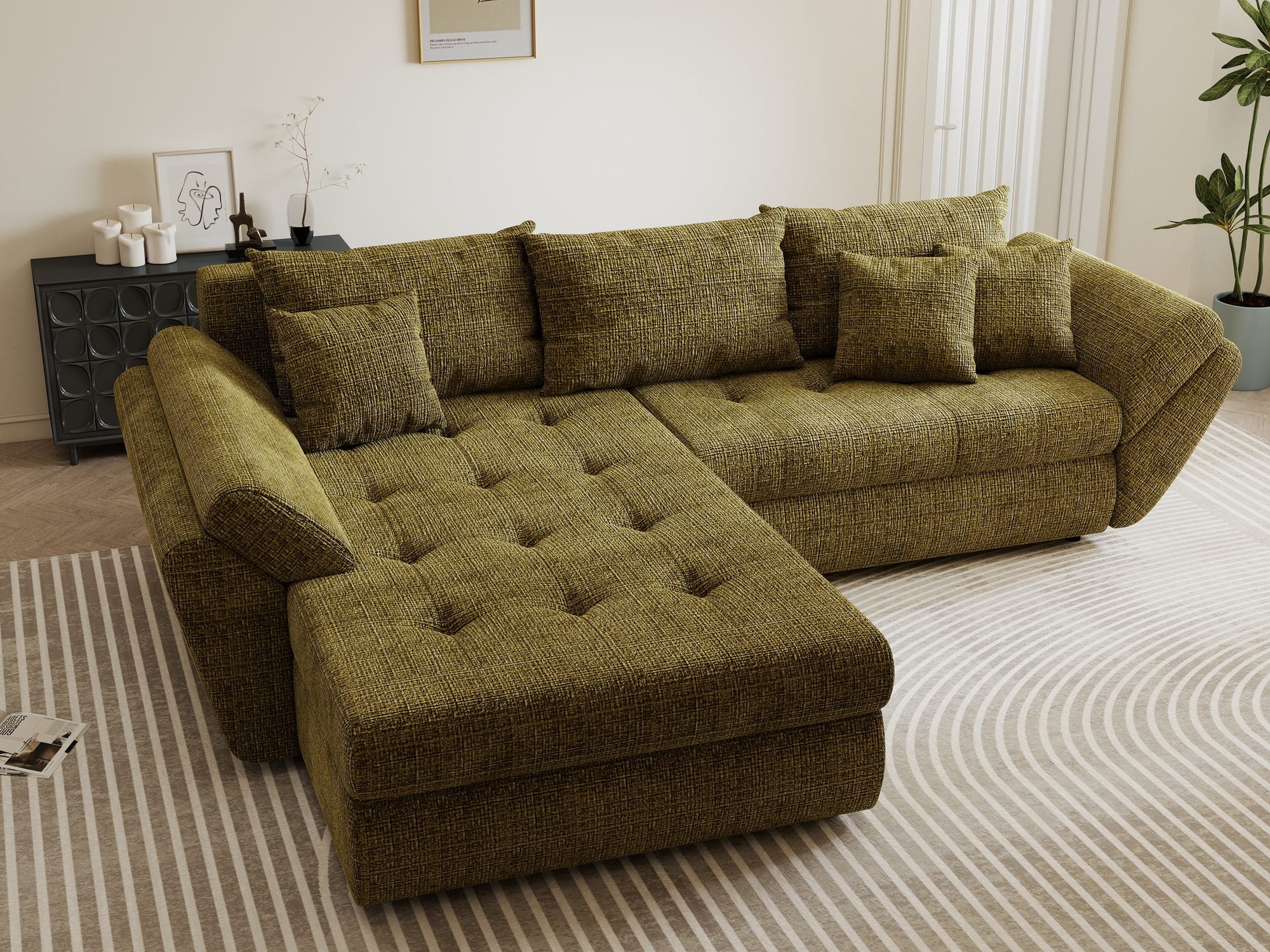 Colțar extensibil dumonde cu ladă de depozitare si sezut confortabil din spuma high-density, Loana Cremona Olive 270x185 cm
