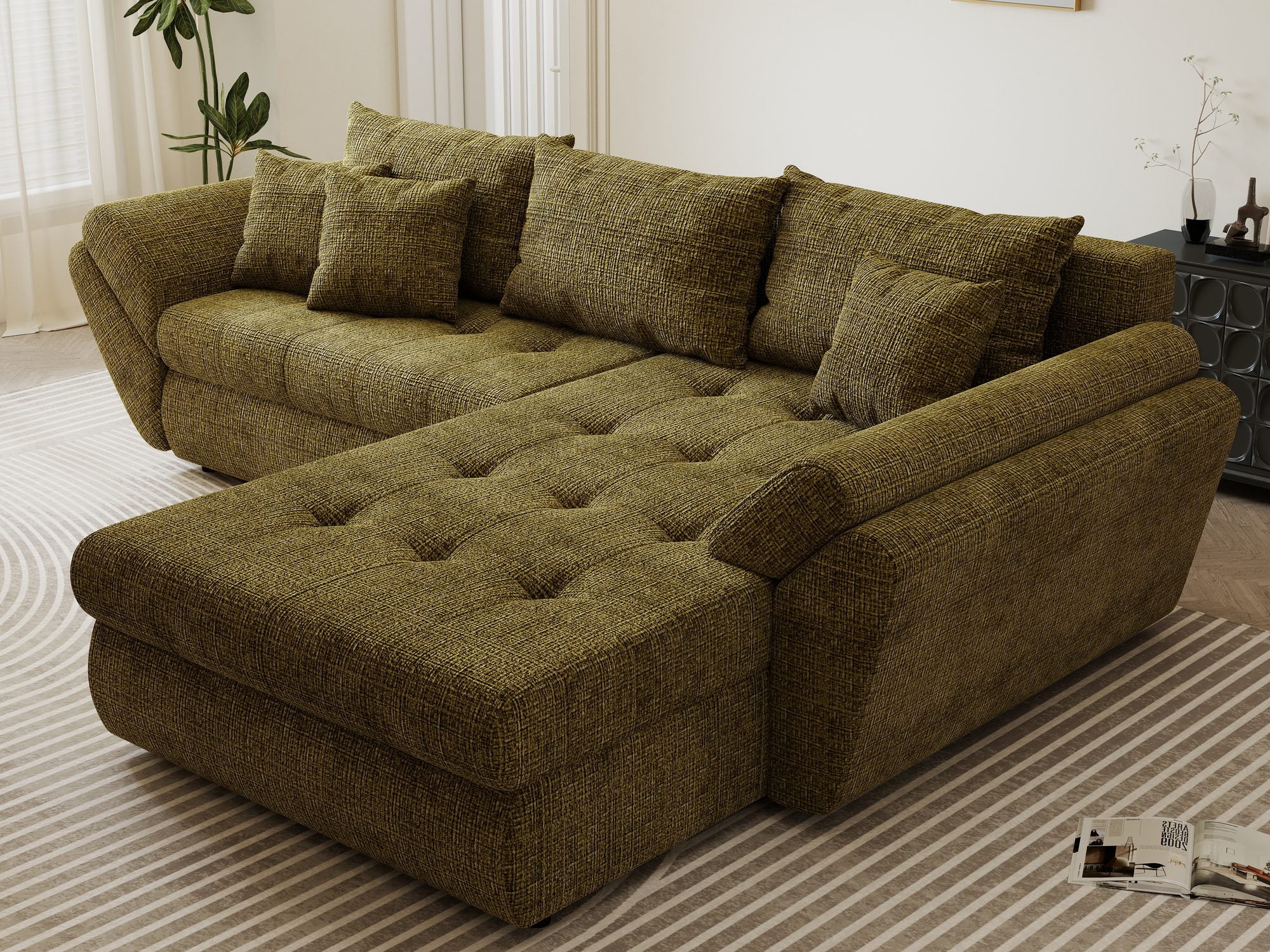Colțar extensibil dumonde cu ladă de depozitare si sezut confortabil din spuma high-density, Loana Cremona Olive II 270x185 cm