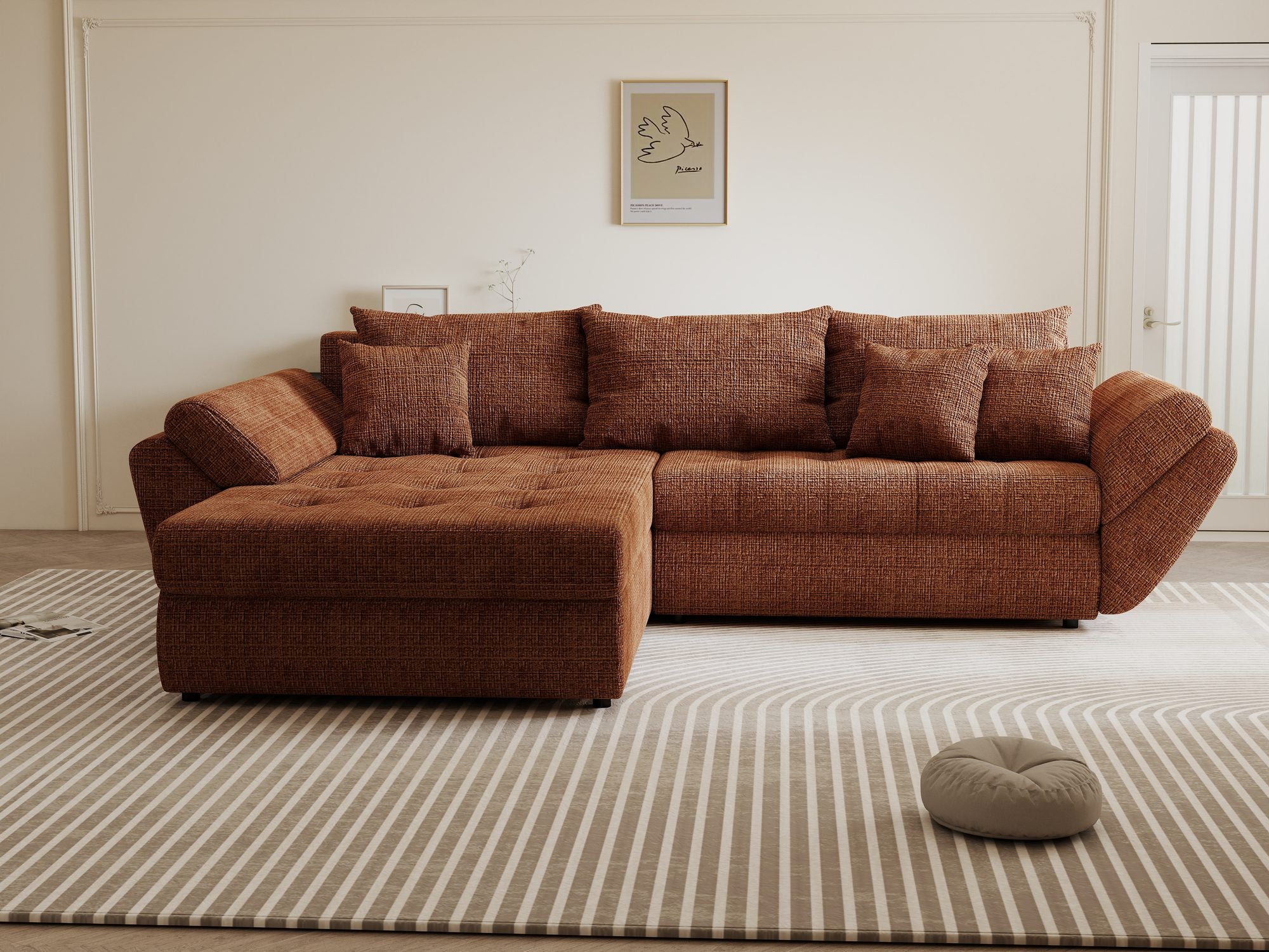 Colțar extensibil dumonde cu ladă de depozitare si sezut confortabil din spuma high-density, Loana Cremona Teracota 270x185 cm