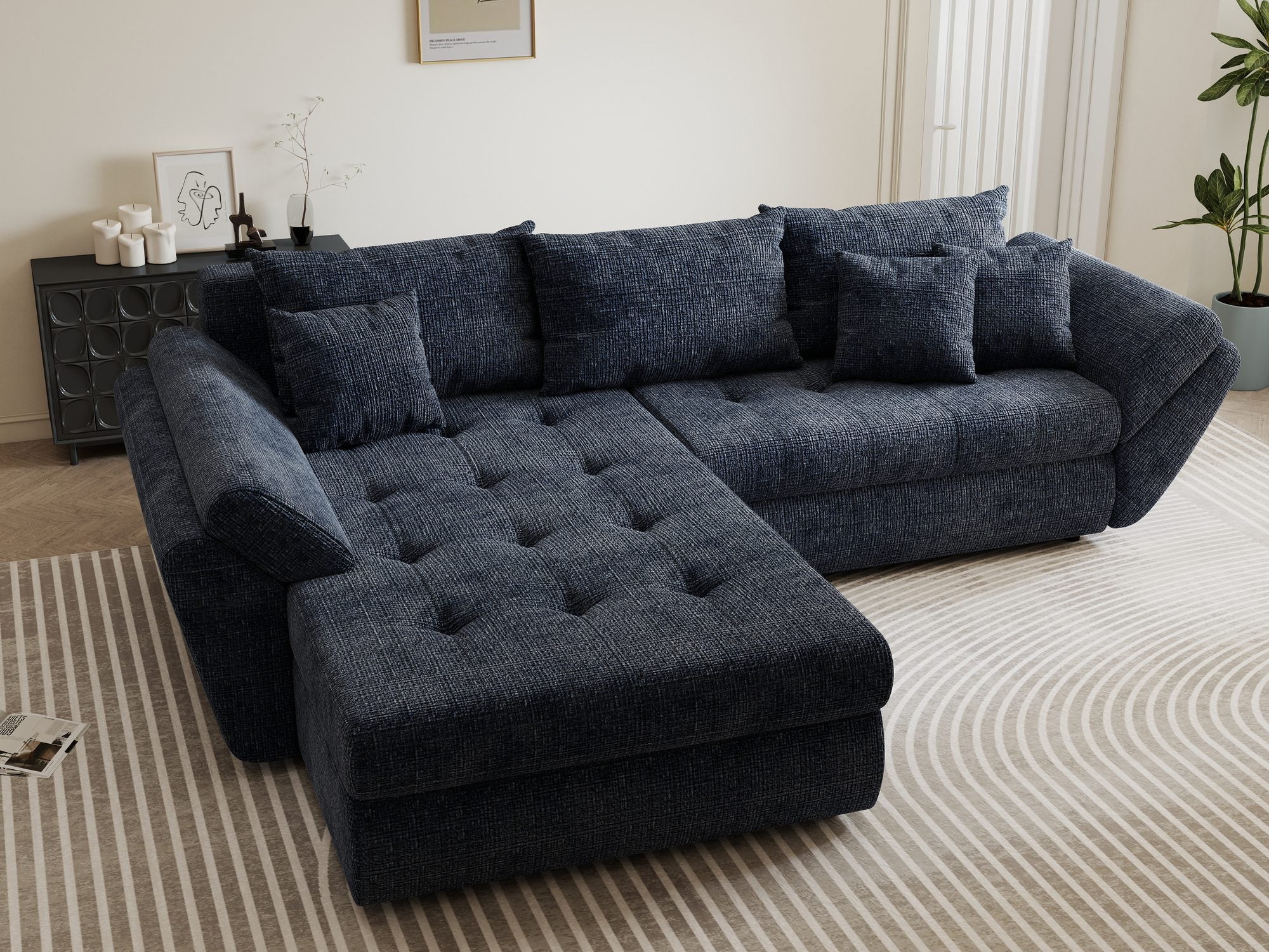 Colțar extensibil dumonde cu ladă de depozitare si sezut confortabil din spuma high-density, Loana Cremona Albastru 270x185 cm