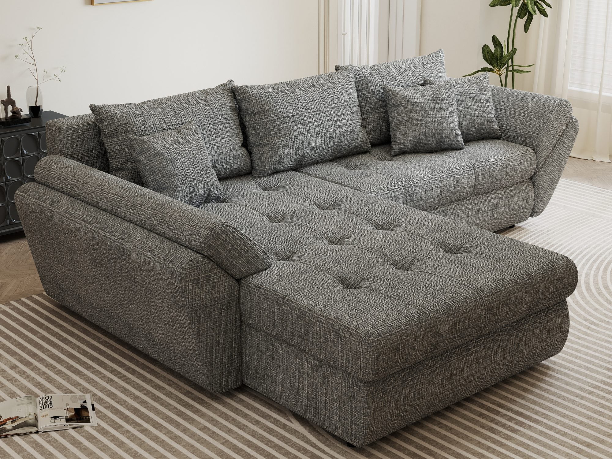 Colțar extensibil dumonde cu ladă de depozitare si sezut confortabil din spuma high-density, Loana Cremona Gri 270x185 cm