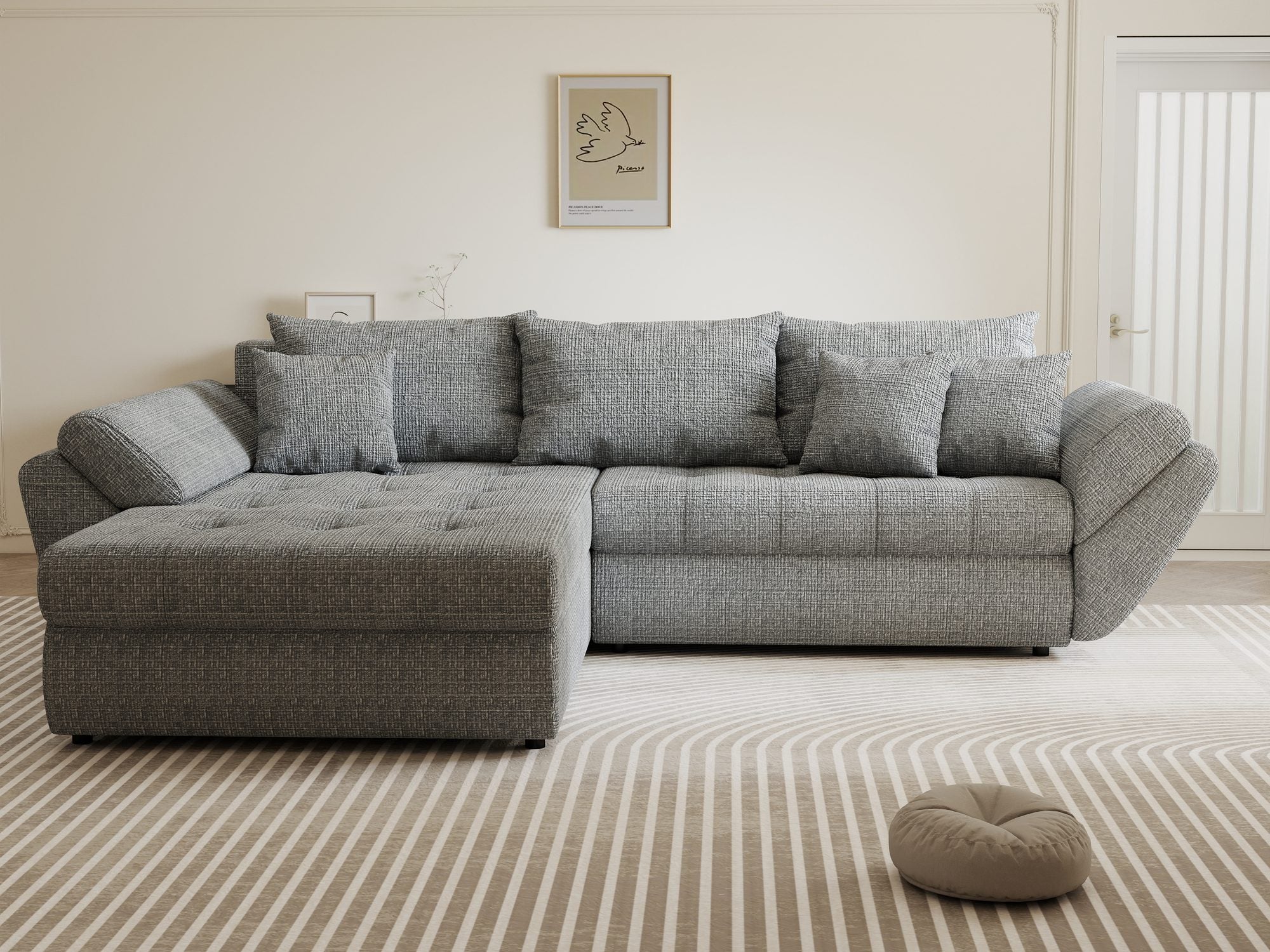 Colțar extensibil dumonde cu ladă de depozitare si sezut confortabil din spuma high-density, Loana Cremona Gri 270x185 cm