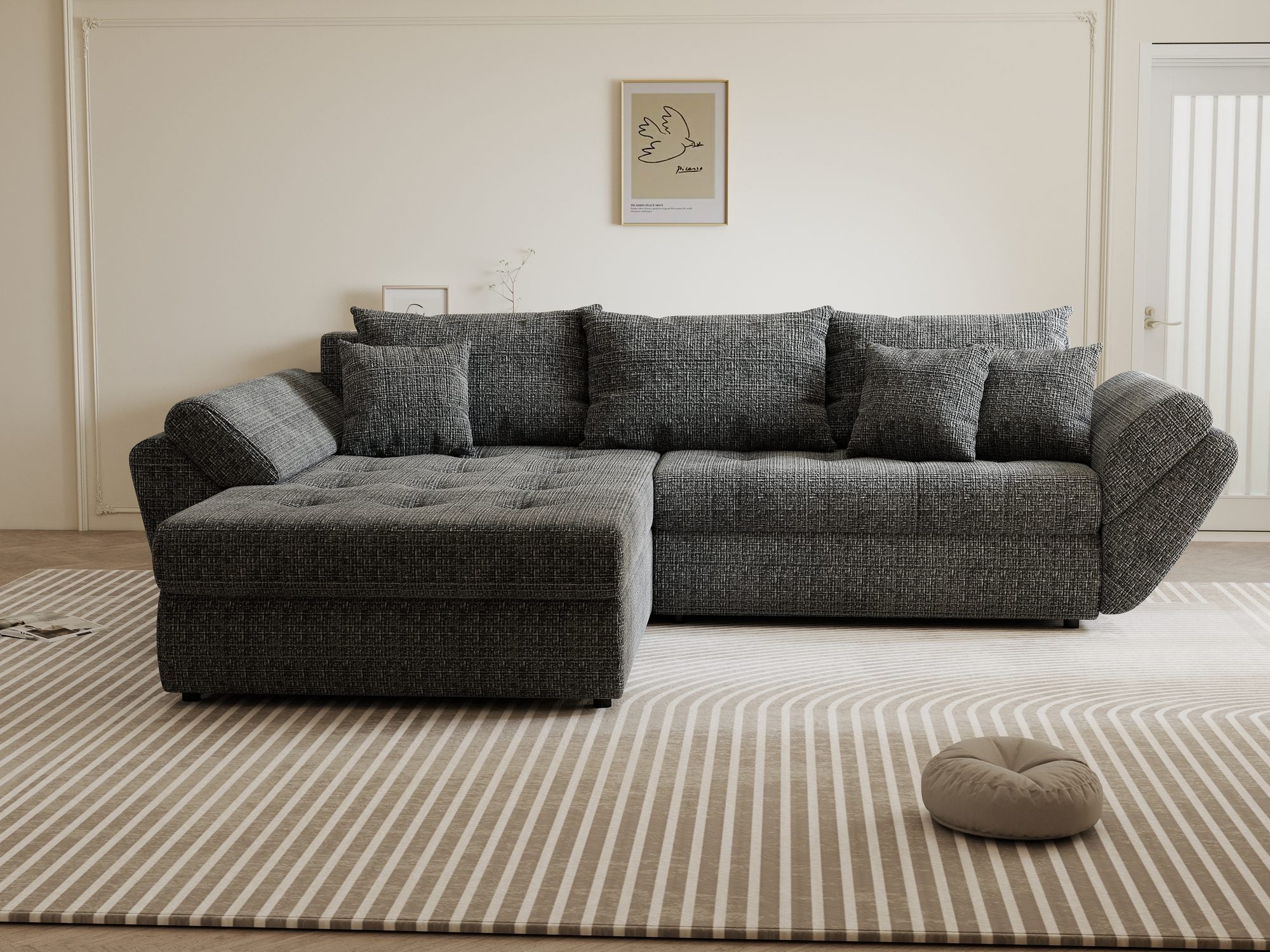 Colțar extensibil dumonde cu ladă de depozitare si sezut confortabil din spuma high-density, Loana Cremona Gri 270x185 cm