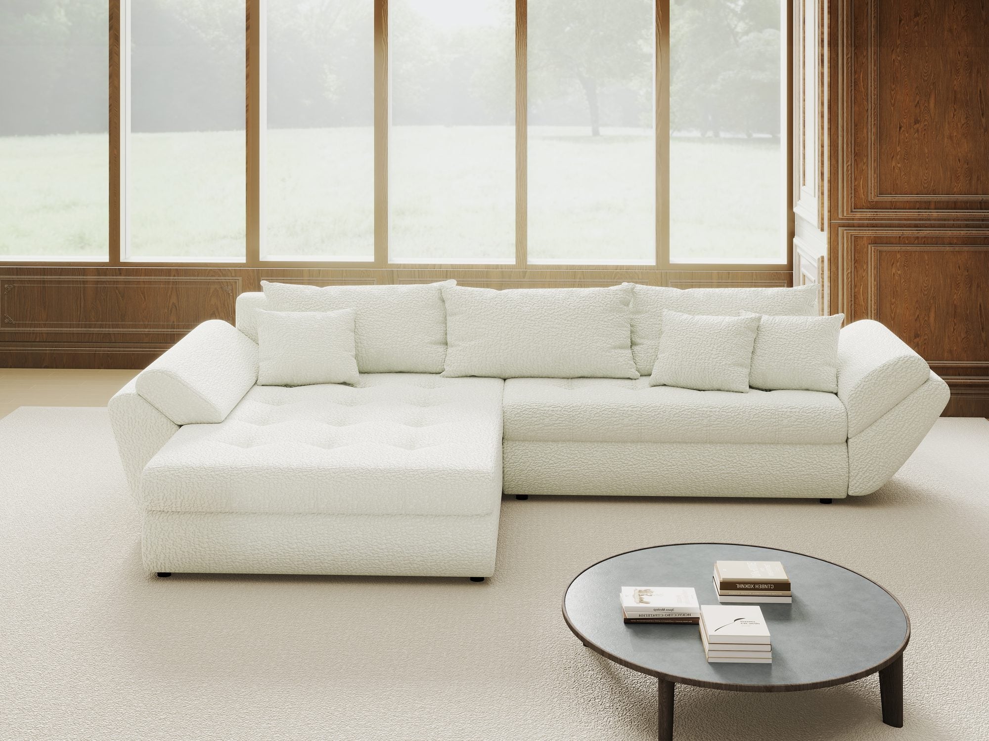 Colțar extensibil dumonde cu ladă de depozitare si sezut confortabil din spuma high-density, Loana Jaguar Ivory 270x185 cm