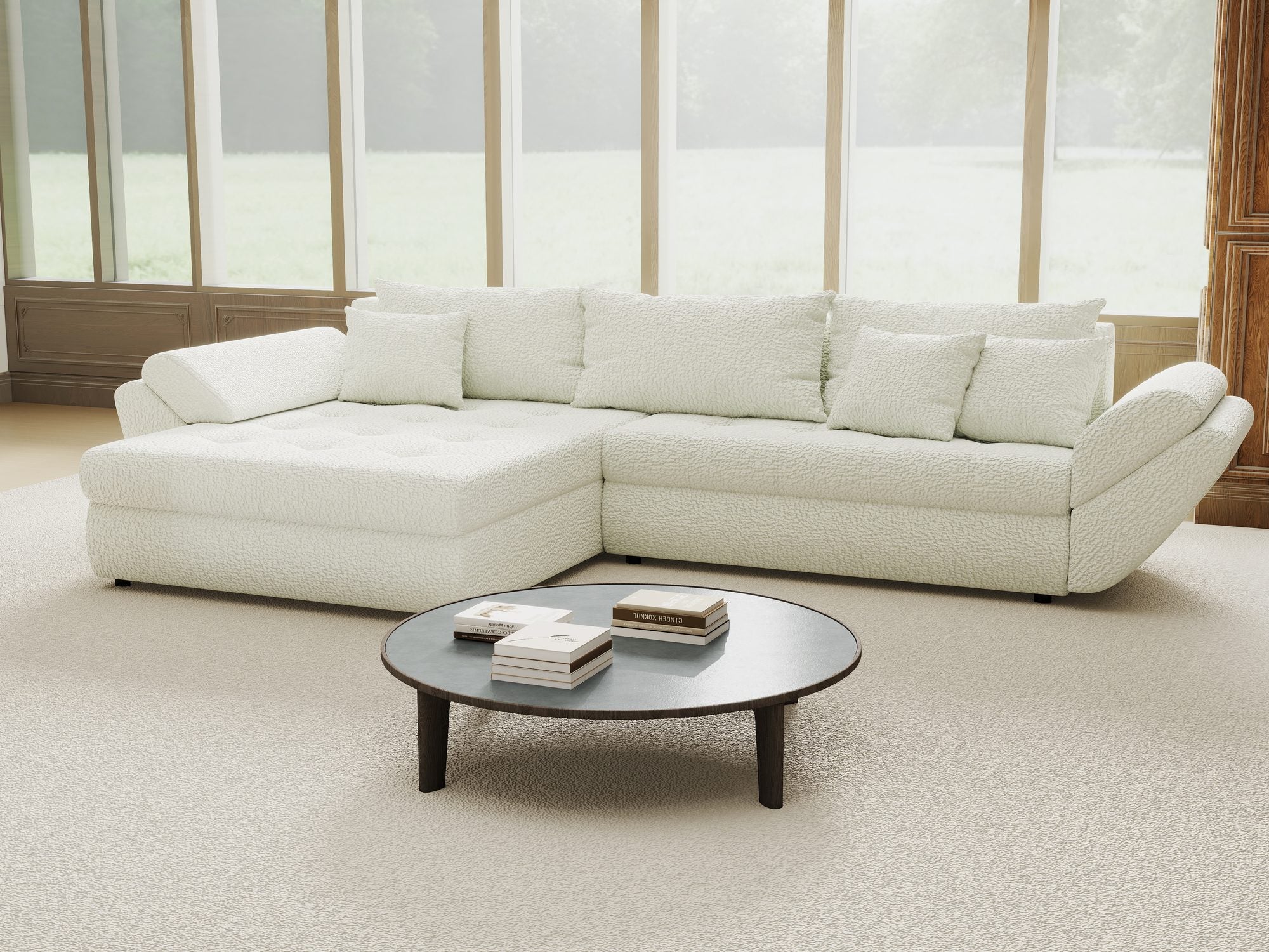 Colțar extensibil dumonde cu ladă de depozitare si sezut confortabil din spuma high-density, Loana Jaguar Ivory 270x185 cm