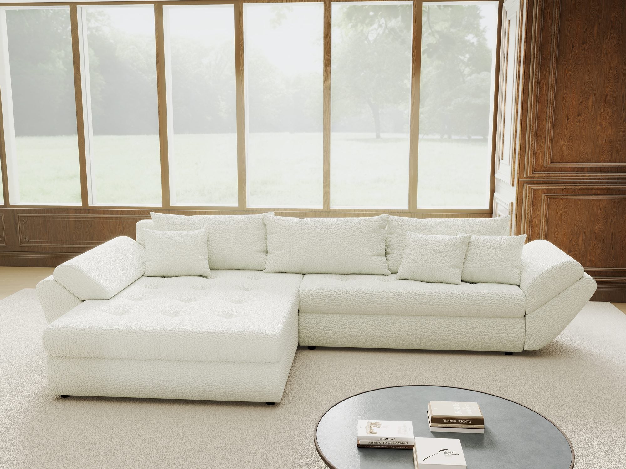 Colțar extensibil dumonde cu ladă de depozitare si sezut confortabil din spuma high-density, Loana Jaguar Ivory 270x185 cm