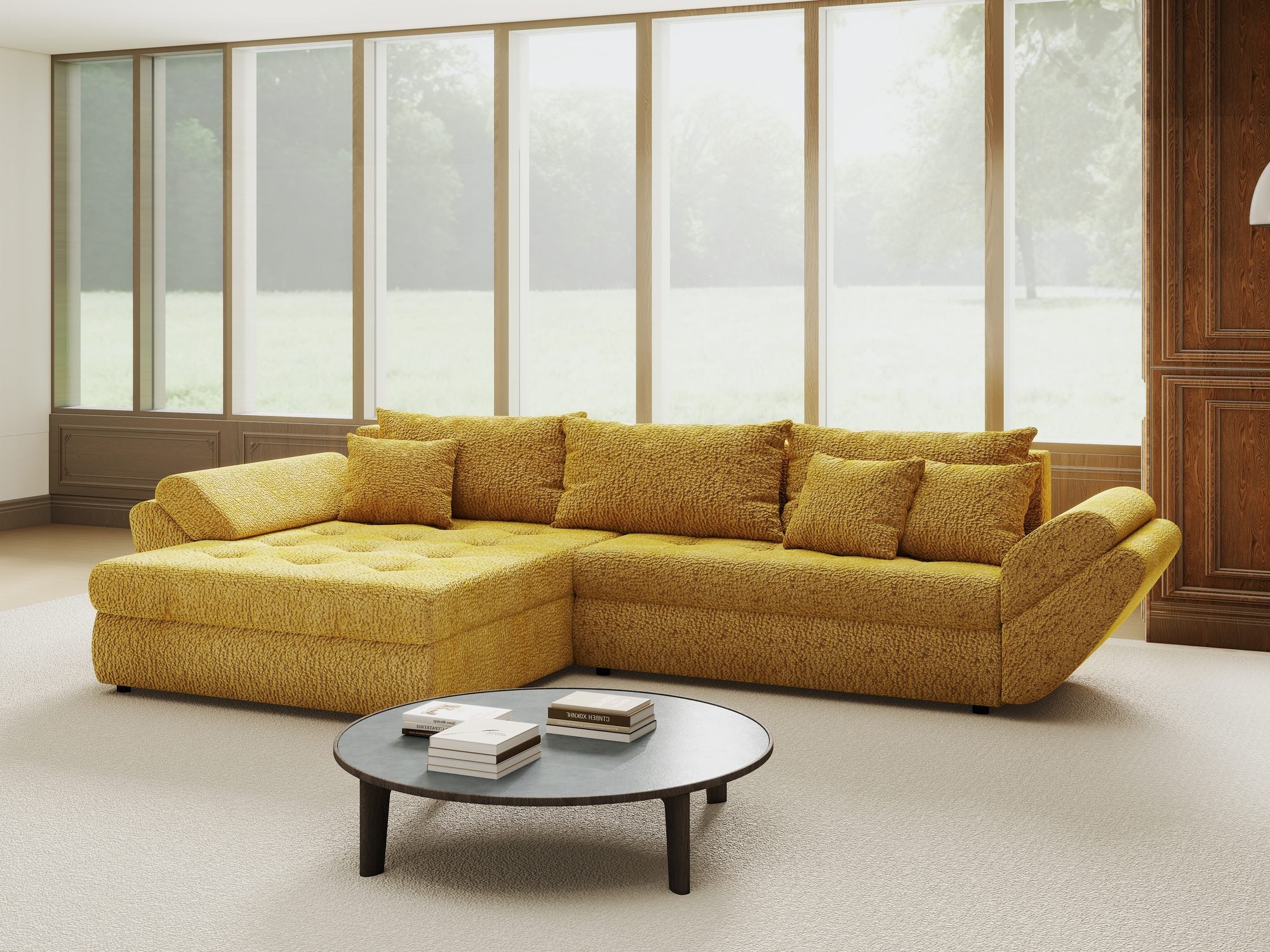Colțar extensibil dumonde cu ladă de depozitare si sezut confortabil din spuma high-density, Loana Jaguar Galben mustar 270x185 cm
