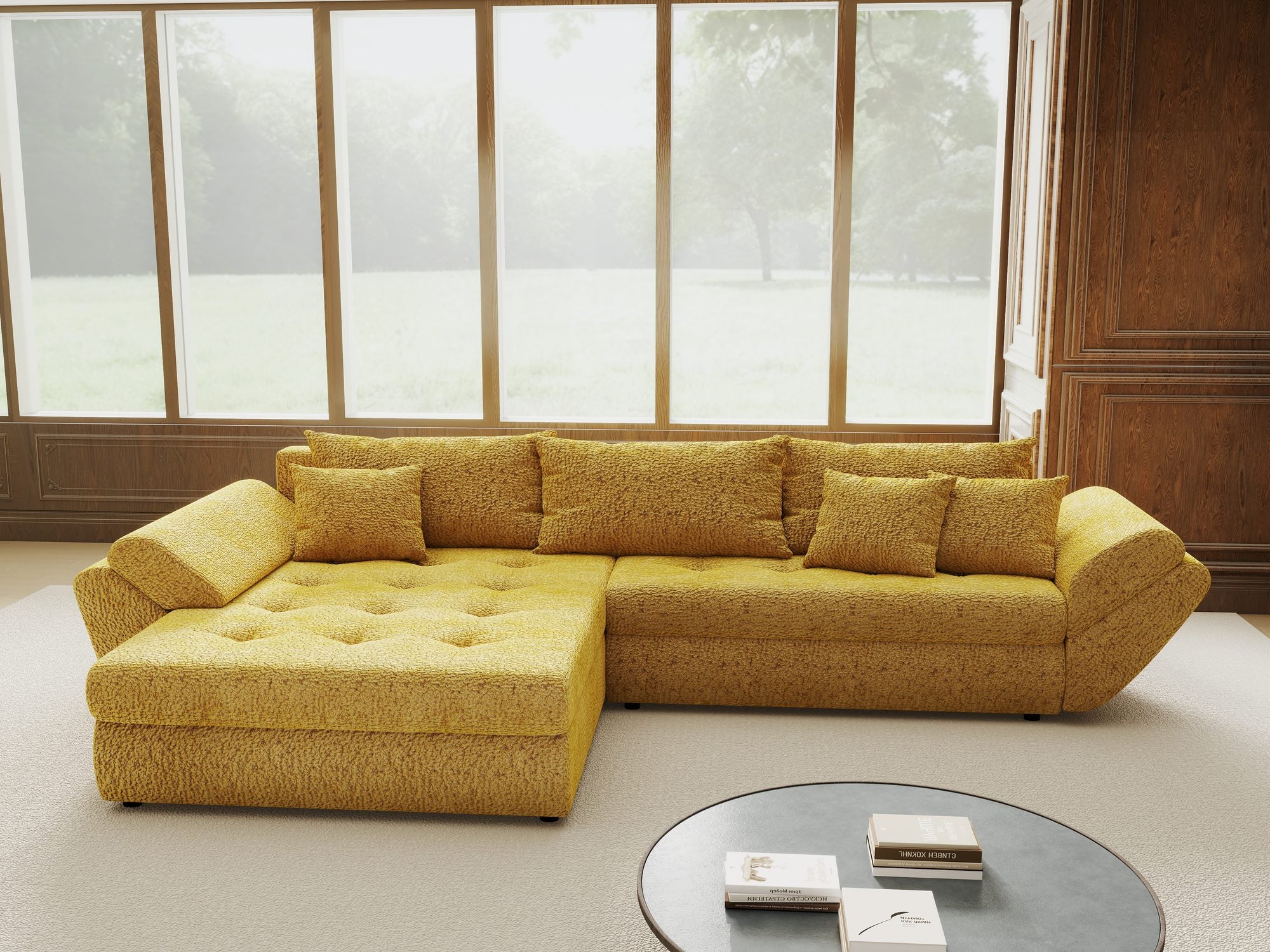 Colțar extensibil dumonde cu ladă de depozitare si sezut confortabil din spuma high-density, Loana Jaguar Galben mustar 270x185 cm