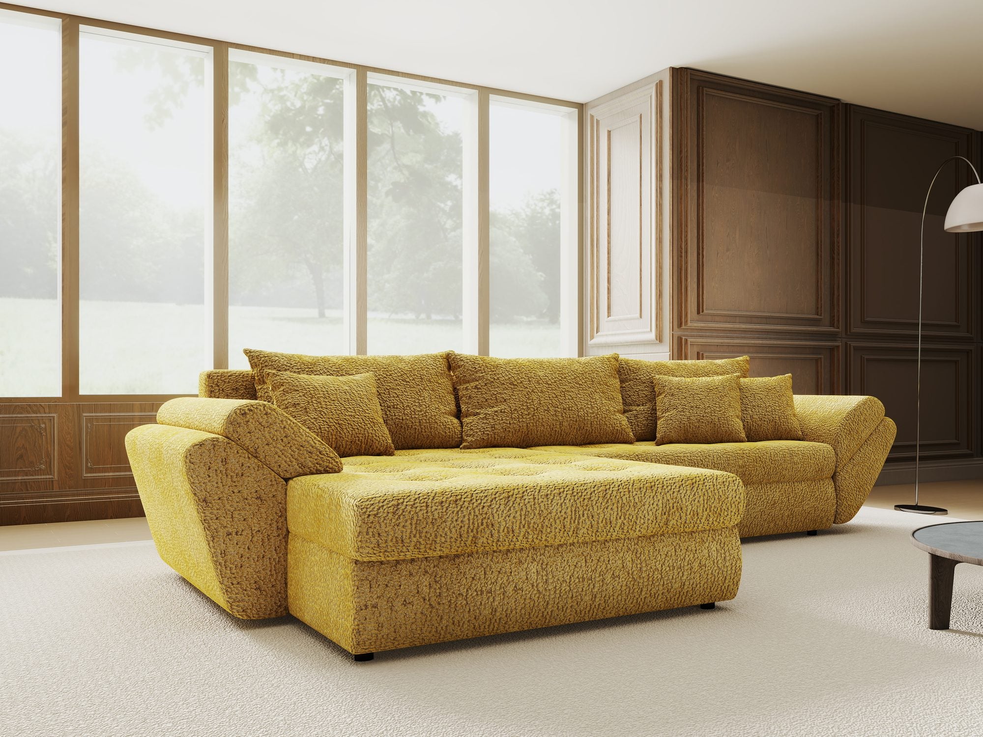 Colțar extensibil dumonde cu ladă de depozitare si sezut confortabil din spuma high-density, Loana Jaguar Galben mustar 270x185 cm