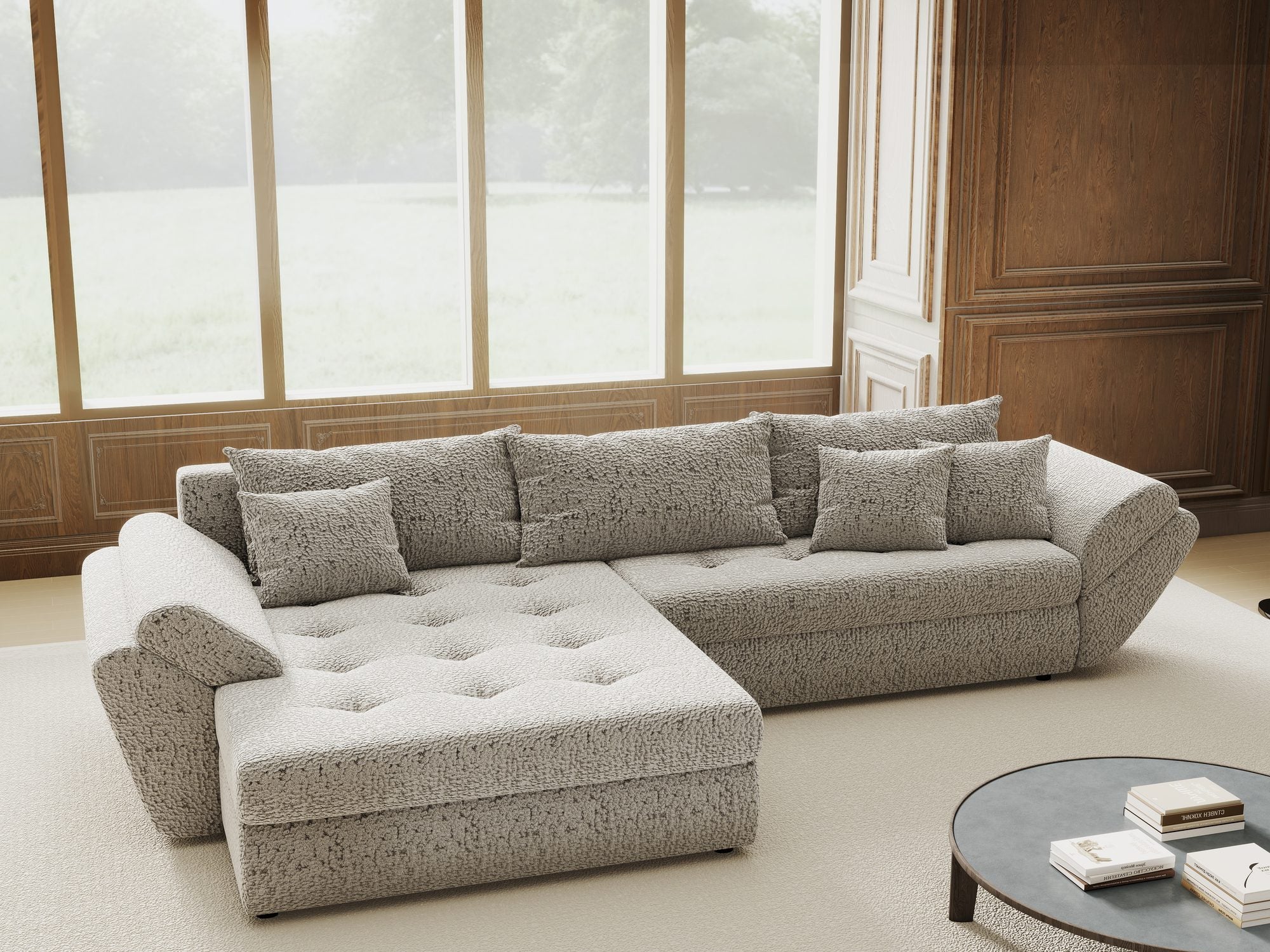 Colțar extensibil dumonde cu ladă de depozitare si sezut confortabil din spuma high-density, Loana Jaguar Gri 270x185 cm