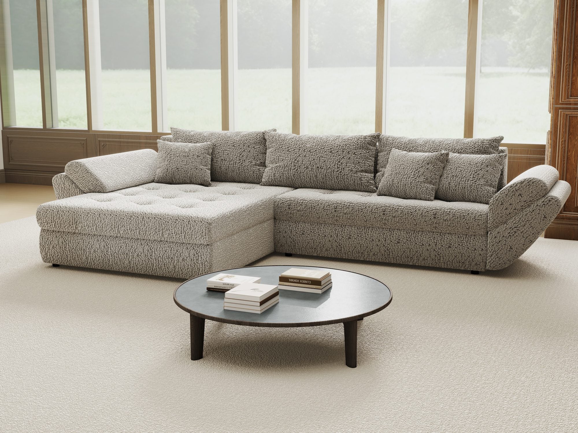 Colțar extensibil dumonde cu ladă de depozitare si sezut confortabil din spuma high-density, Loana Jaguar Gri 270x185 cm