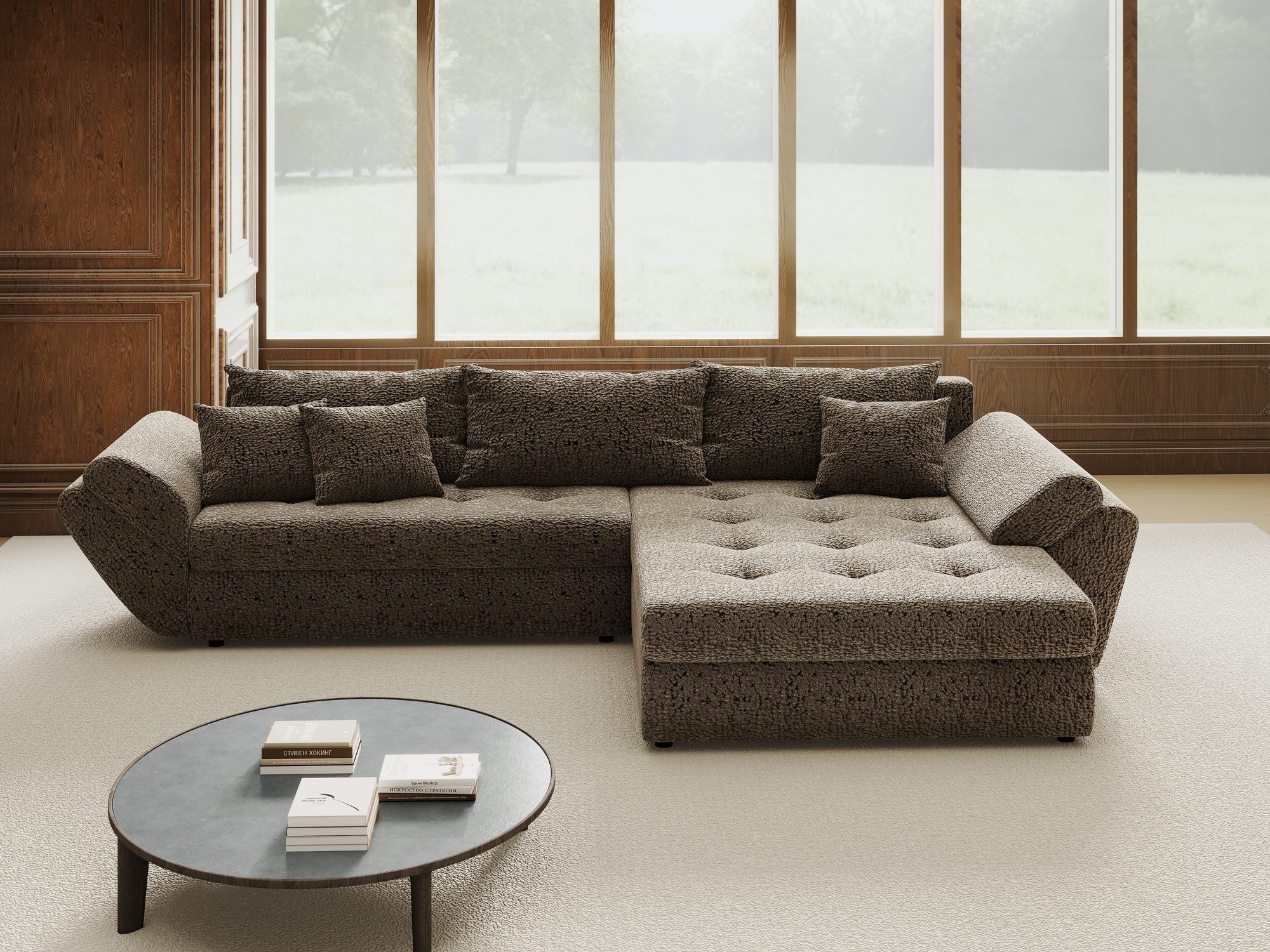 Colțar extensibil dumonde cu ladă de depozitare si sezut confortabil din spuma high-density, Loana Jaguar Maro cappuccino II 270x185 cm