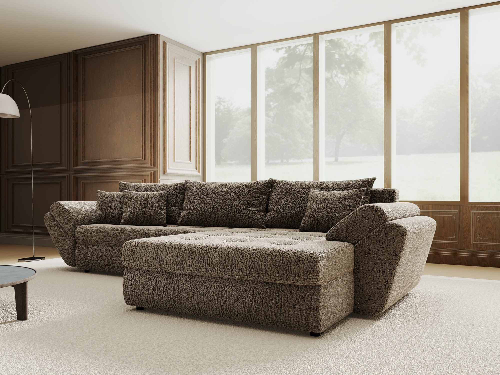 Colțar extensibil dumonde cu ladă de depozitare si sezut confortabil din spuma high-density, Loana Jaguar Maro cappuccino II 270x185 cm